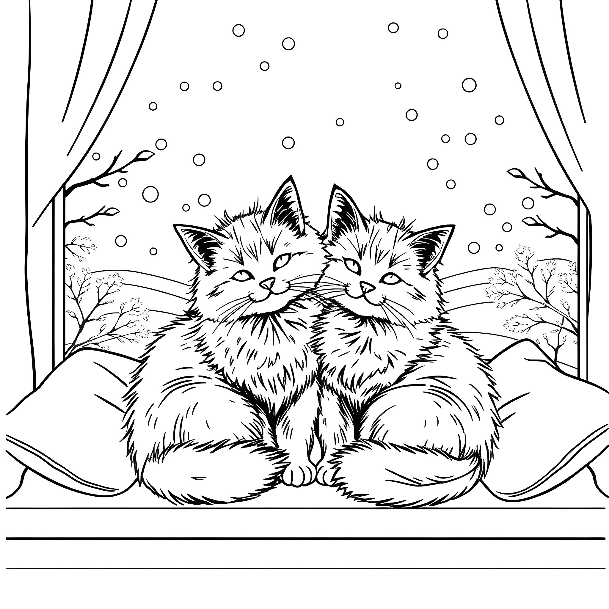 Cats Enjoying Winter Scenery Coloring Page (free black-and-white line drawing printable PDF for all, from beginners to advanced learners, including children, teens, adults, and seniors)