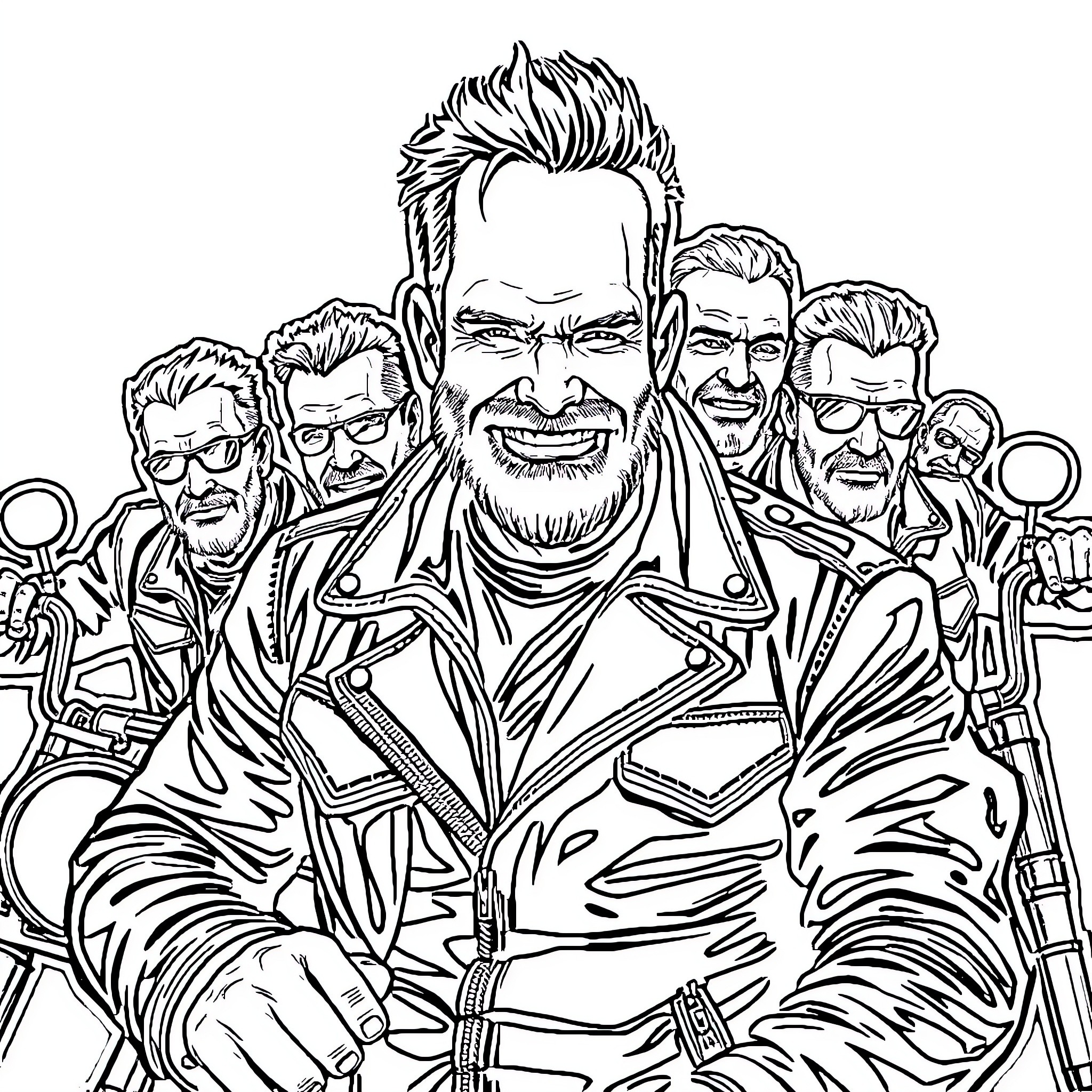 Chibs and his biker crew in action Coloring Page (free black-and-white line drawing printable PDF for all, from beginners to advanced learners, including children, teens, adults, and seniors)
