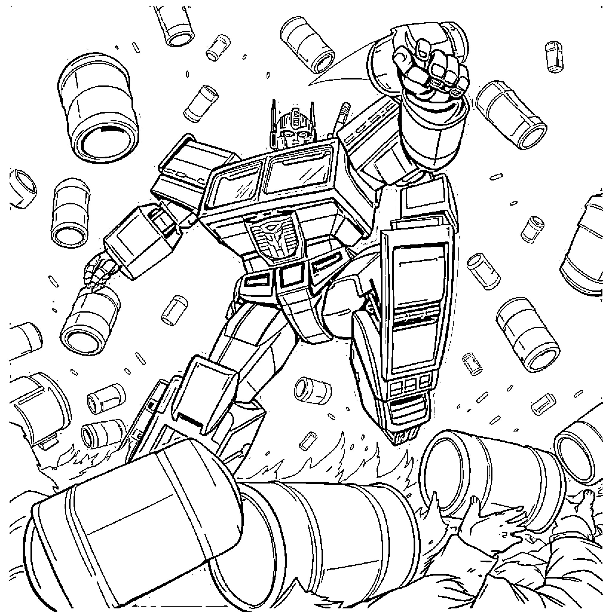 Optimus Prime engaging in epic battle with debris Coloring Page (free black-and-white line drawing printable PDF for all, from beginners to advanced learners, including children, teens, adults, and seniors)