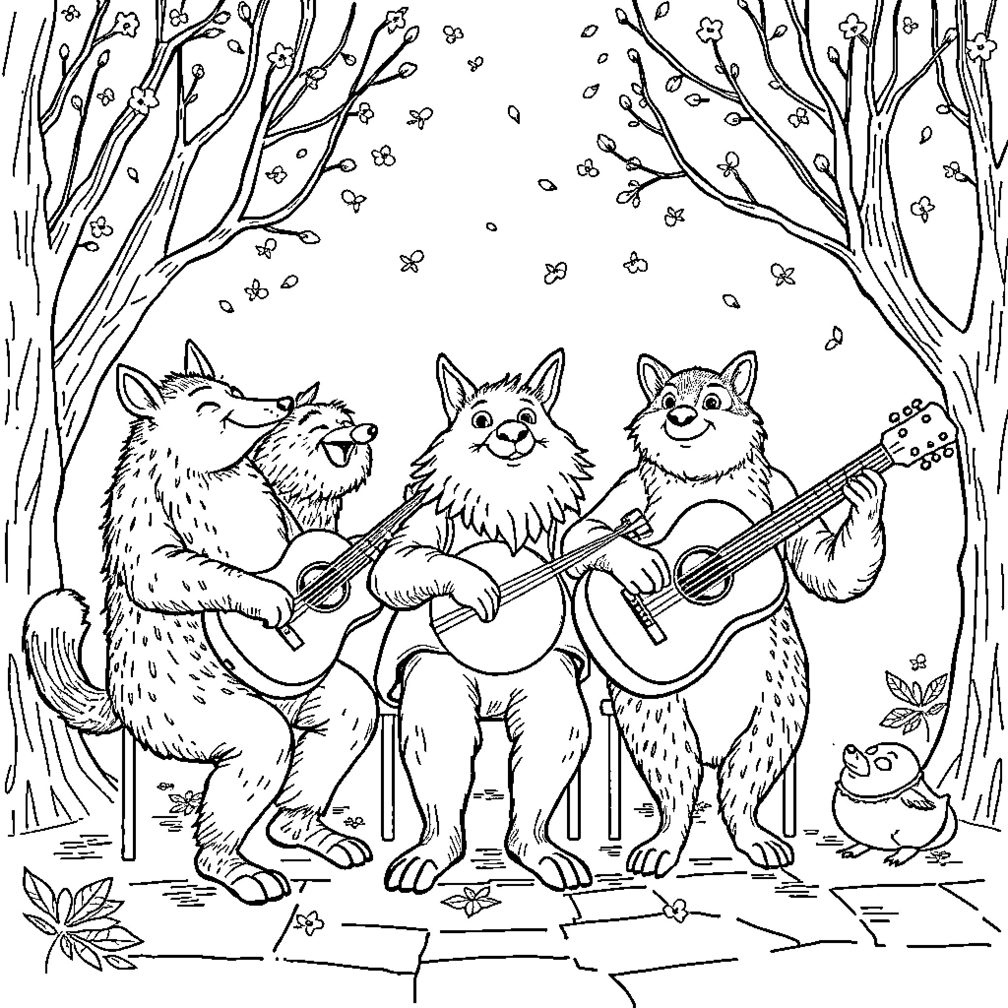Musicians of Bremen: Woodland Creatures with Musical Instruments Coloring Page (free black-and-white line drawing printable PDF for all, from beginners to advanced learners, including children, teens, adults, and seniors)