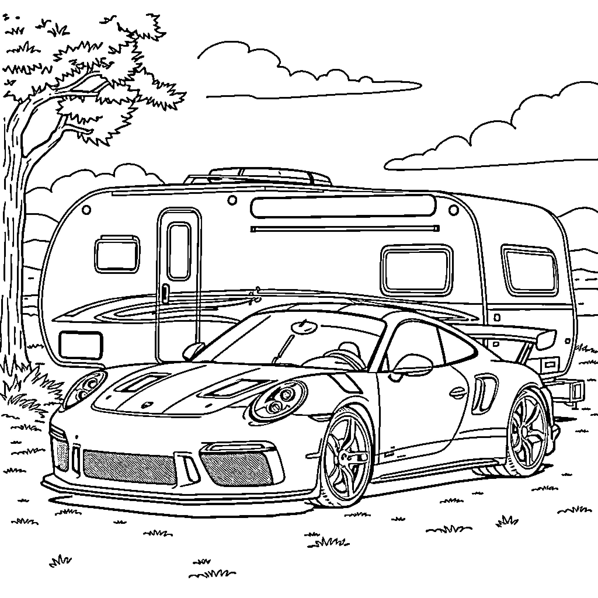 Porsche sports car with camping trailer in the woods Coloring Page (free black-and-white line drawing printable PDF for all, from beginners to advanced learners, including children, teens, adults, and seniors)