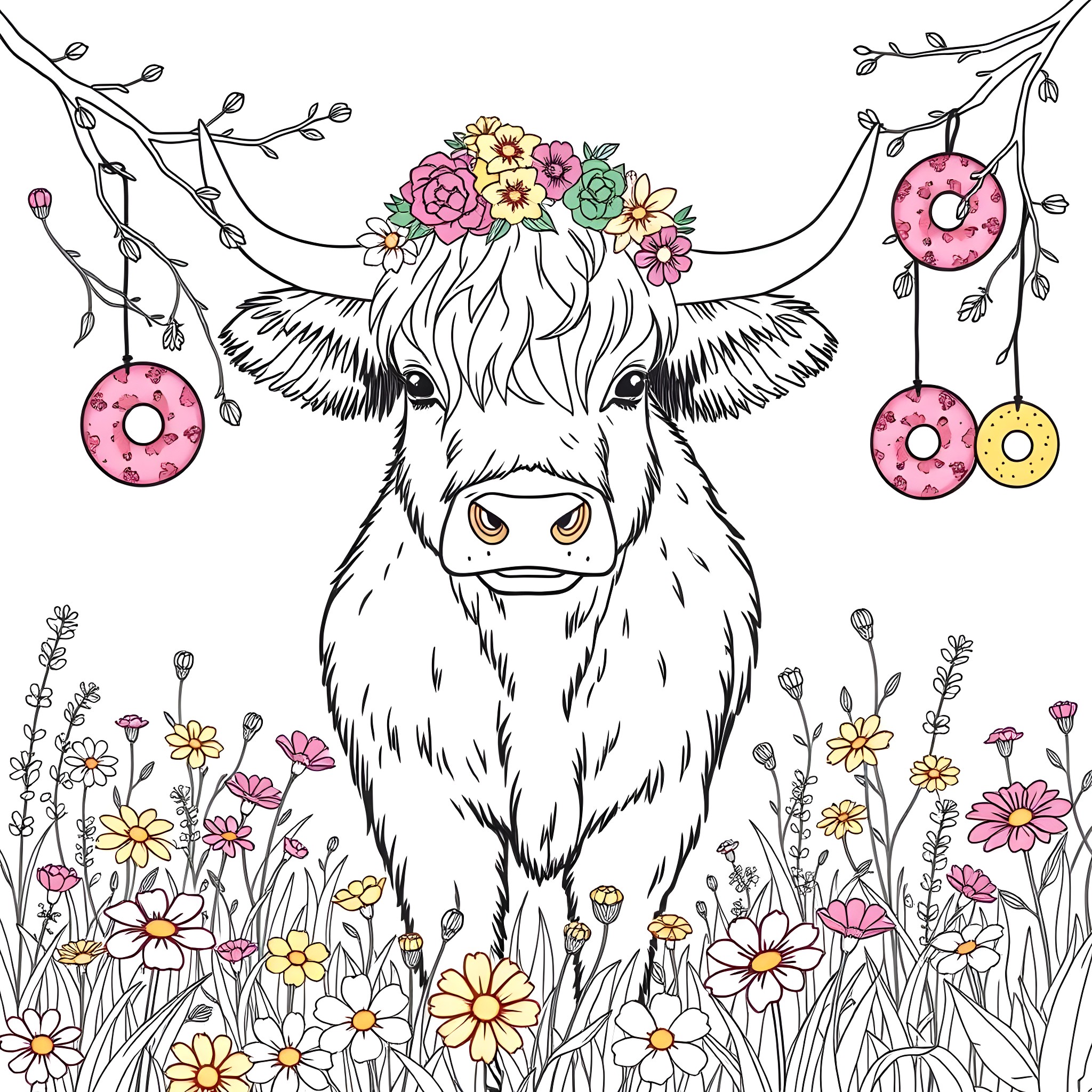 Highland Cow in a Whimsical Floral Setting Coloring Page (free black-and-white line drawing printable PDF for all, from beginners to advanced learners, including children, teens, adults, and seniors)