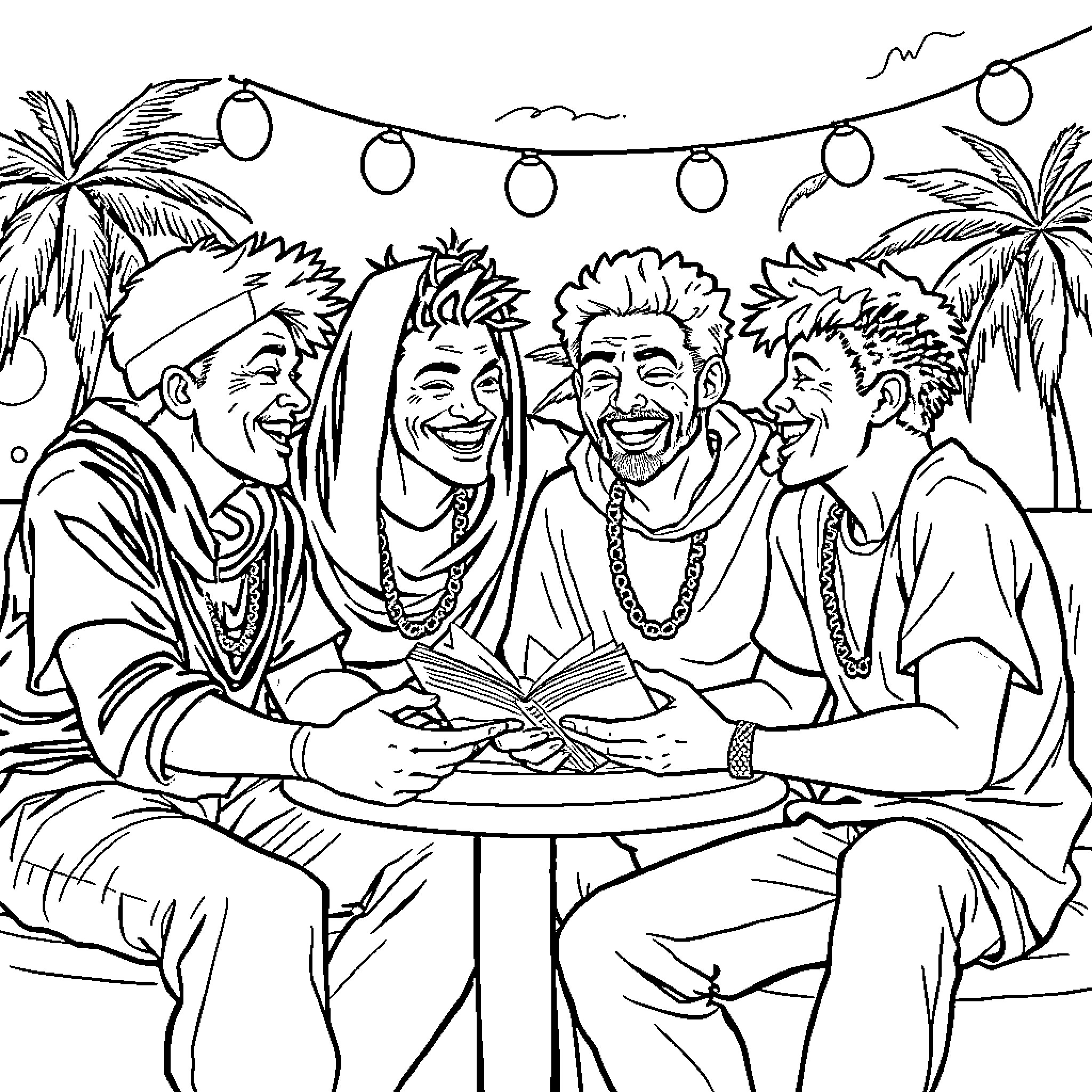 Saja Boy enjoying a lively party with friends Coloring Page (free black-and-white line drawing printable PDF for all, from beginners to advanced learners, including children, teens, adults, and seniors)