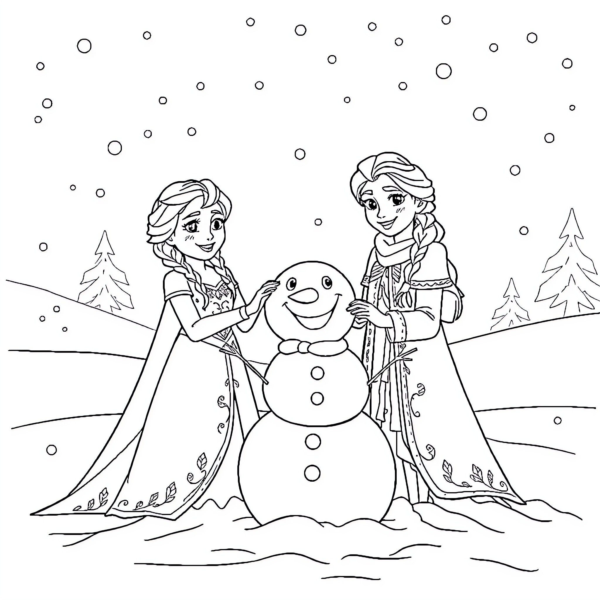 Elsa and Anna build a snowman in winter wonderland Coloring Page (free black-and-white line drawing printable PDF for all, from beginners to advanced learners, including children, teens, adults, and seniors)