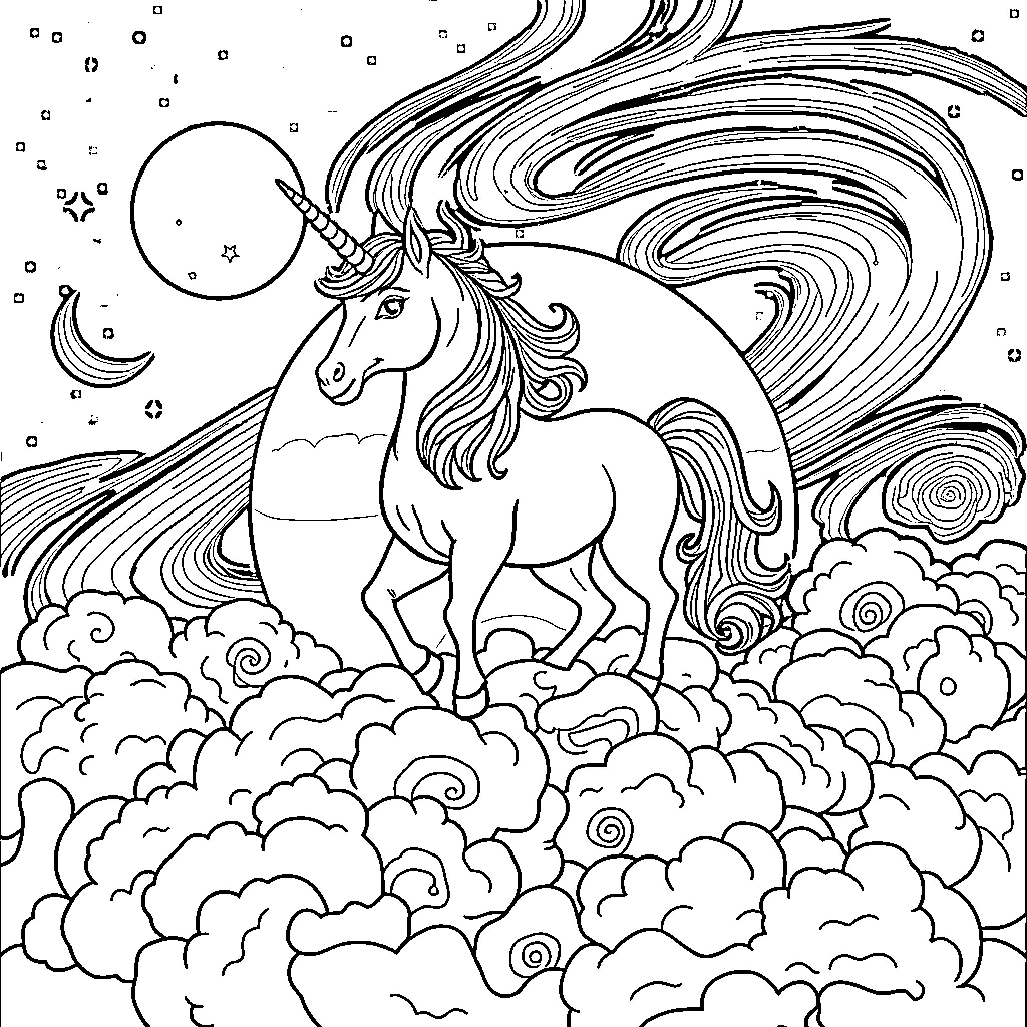 Unicorn in the Enchanted Clouds Coloring Page (free black-and-white line drawing printable PDF for all, from beginners to advanced learners, including children, teens, adults, and seniors)