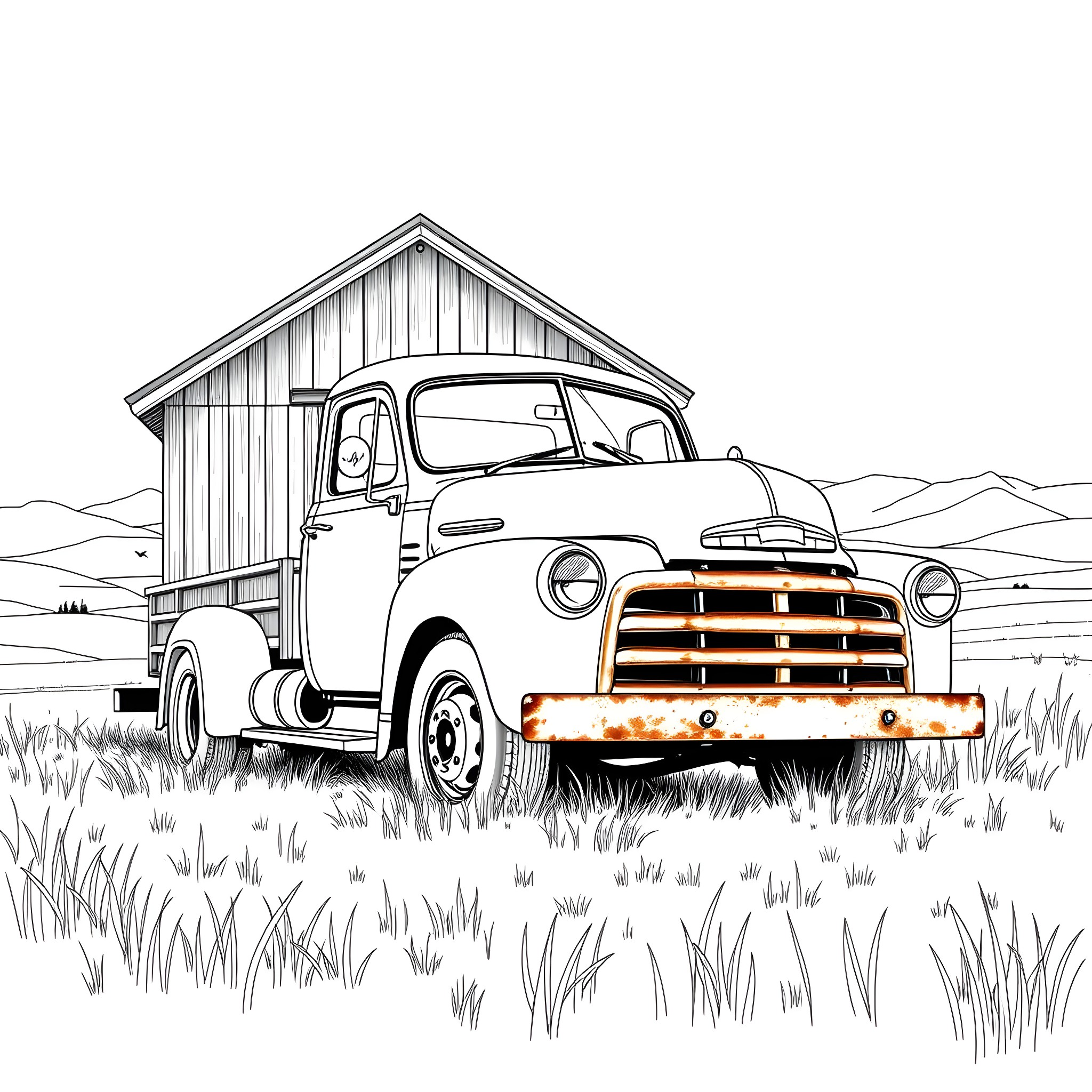Truck Parked in Front of Rustic Barn Coloring Page (free black-and-white line drawing printable PDF for all, from beginners to advanced learners, including children, teens, adults, and seniors)