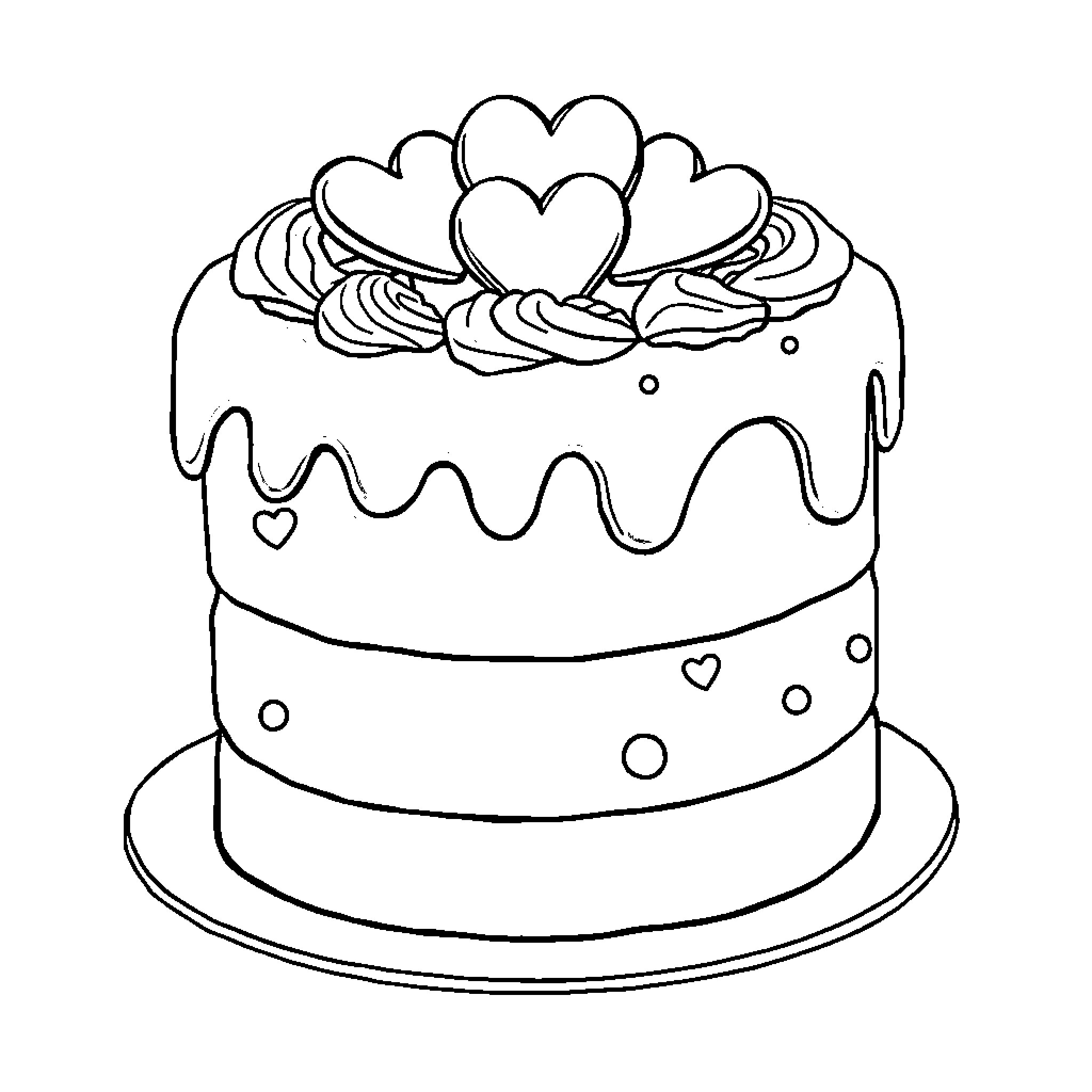 Cake decorated with hearts and swirls Coloring Page (free black-and-white line drawing printable PDF for all, from beginners to advanced learners, including children, teens, adults, and seniors)