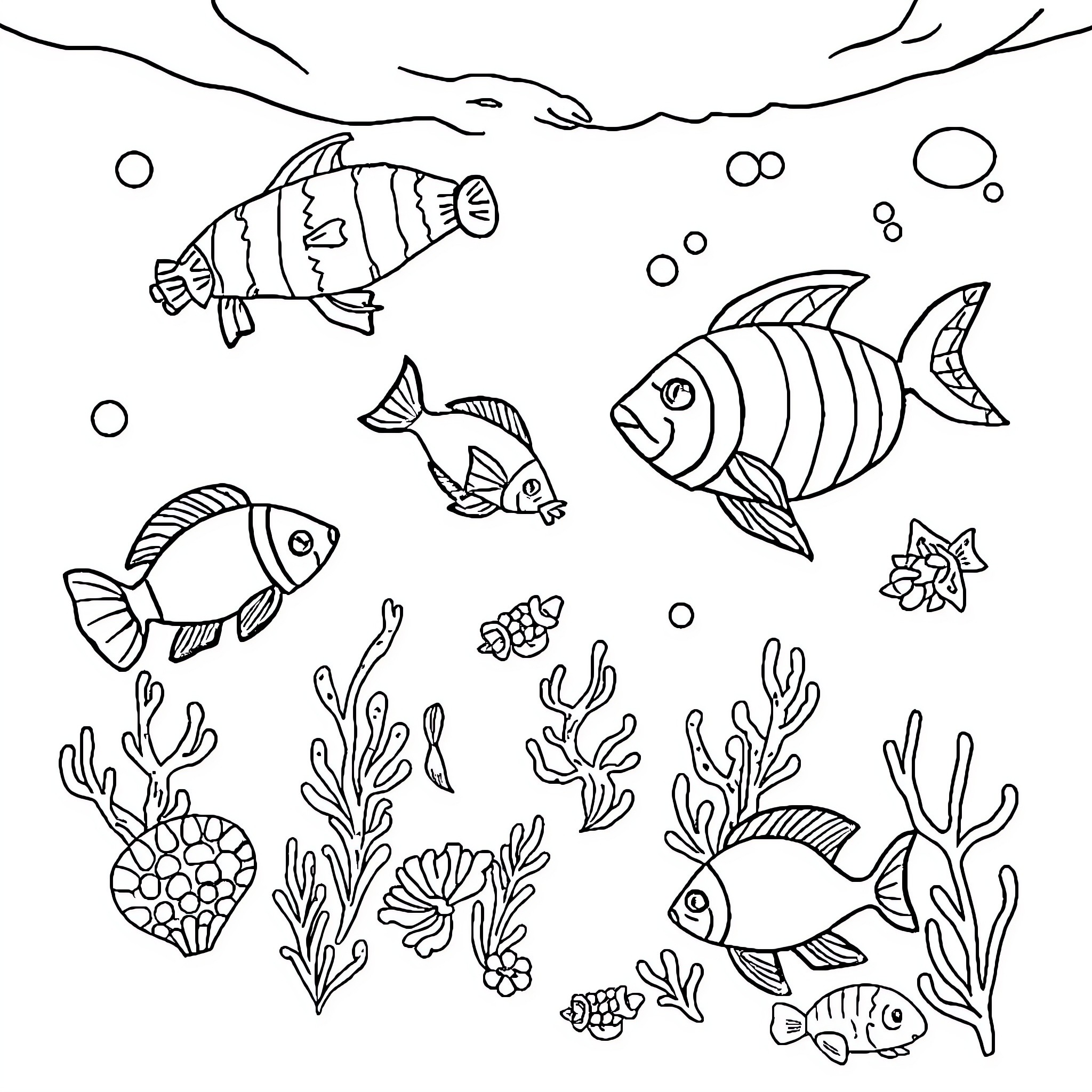 Sea Creatures swimming among underwater plants Coloring Page (free black-and-white line drawing printable PDF for all, from beginners to advanced learners, including children, teens, adults, and seniors)