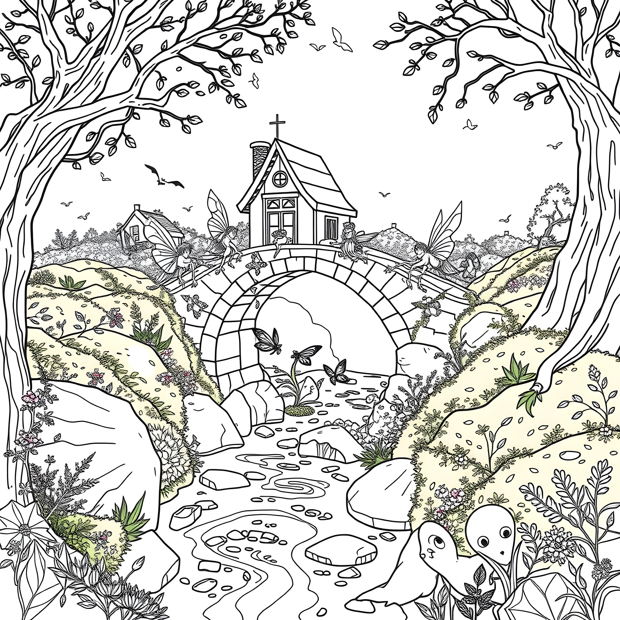 Fairy Tale Enchanted Landscape with Cottage and Butterflies Coloring Page (free black-and-white line drawing printable PDF for all, from beginners to advanced learners, including children, teens, adults, and seniors)