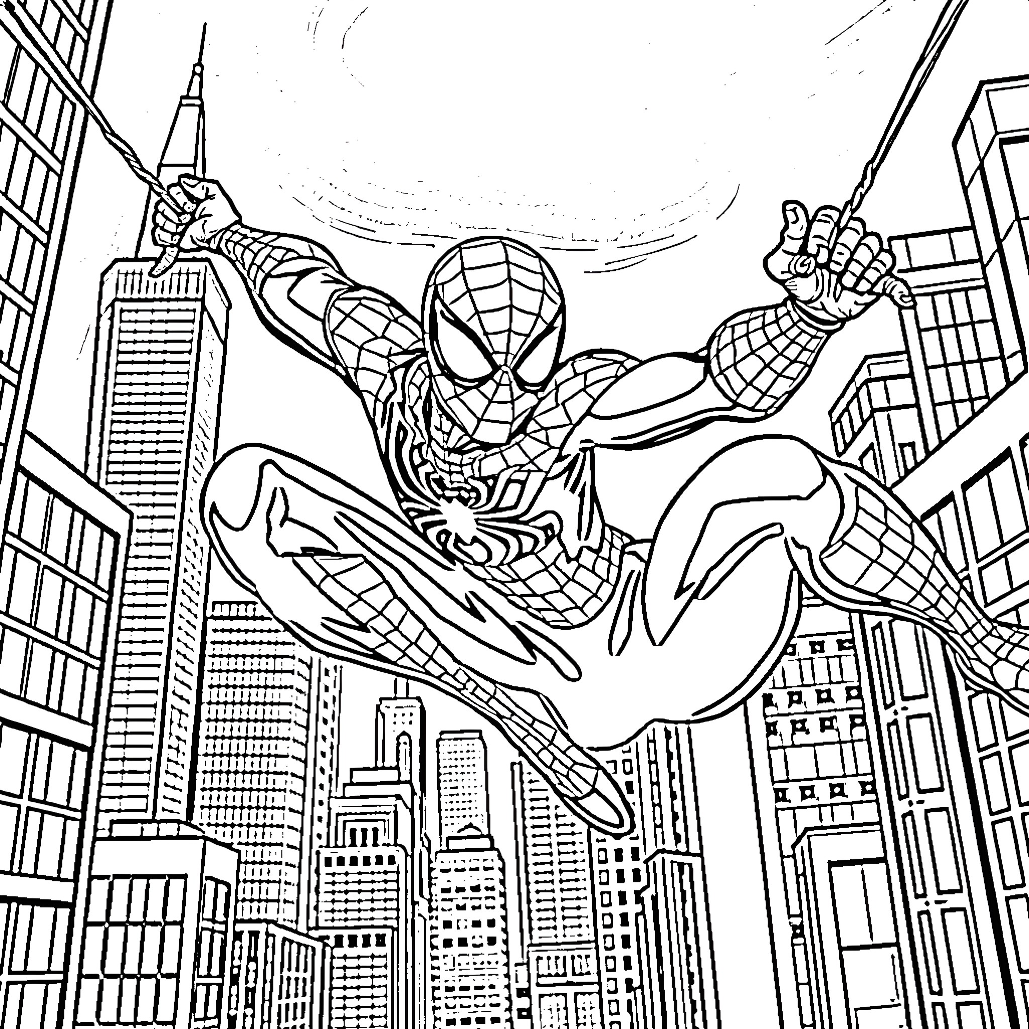 Spider-Man swinging through the city skyline Coloring Page (free black-and-white line drawing printable PDF for all, from beginners to advanced learners, including children, teens, adults, and seniors)