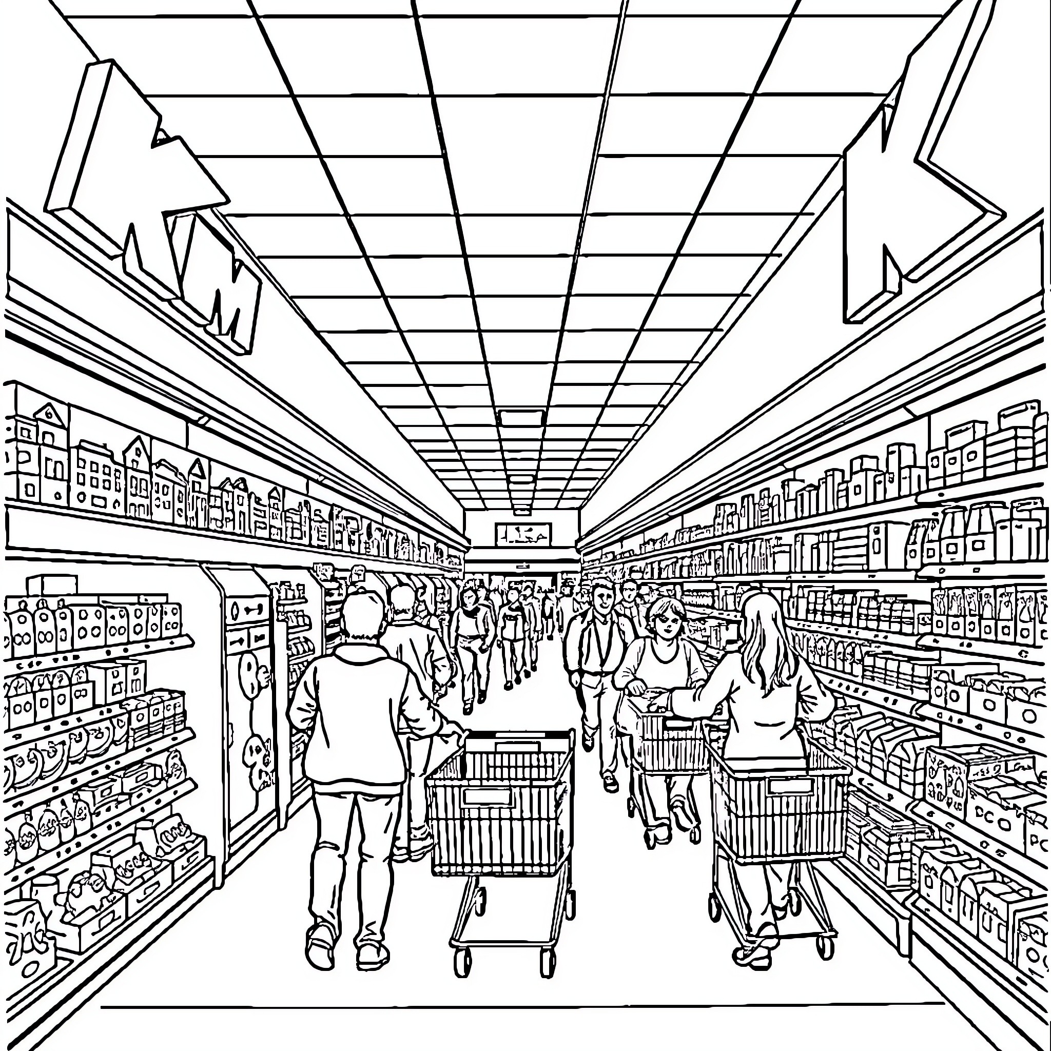 Kmart shoppers browsing aisles and pushing carts Coloring Page (free black-and-white line drawing printable PDF for all, from beginners to advanced learners, including children, teens, adults, and seniors)