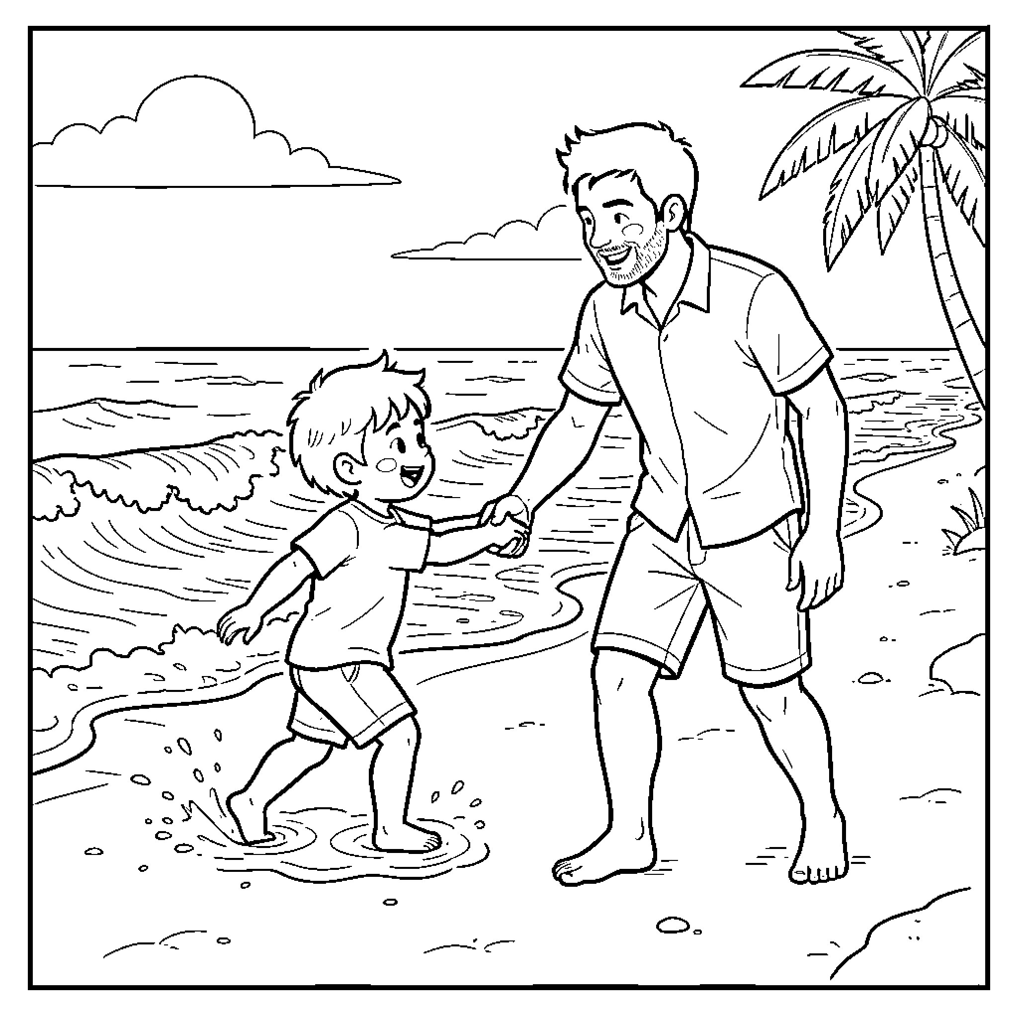 Child walking happily on the beach with father Coloring Page (free black-and-white line drawing printable PDF for all, from beginners to advanced learners, including children, teens, adults, and seniors)