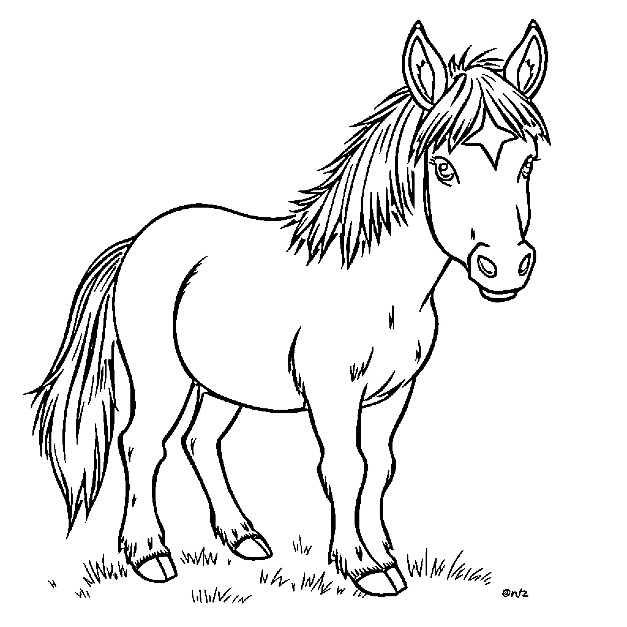 Shetland Pony standing in the field Coloring Page (free black-and-white line drawing printable PDF for all, from beginners to advanced learners, including children, teens, adults, and seniors)