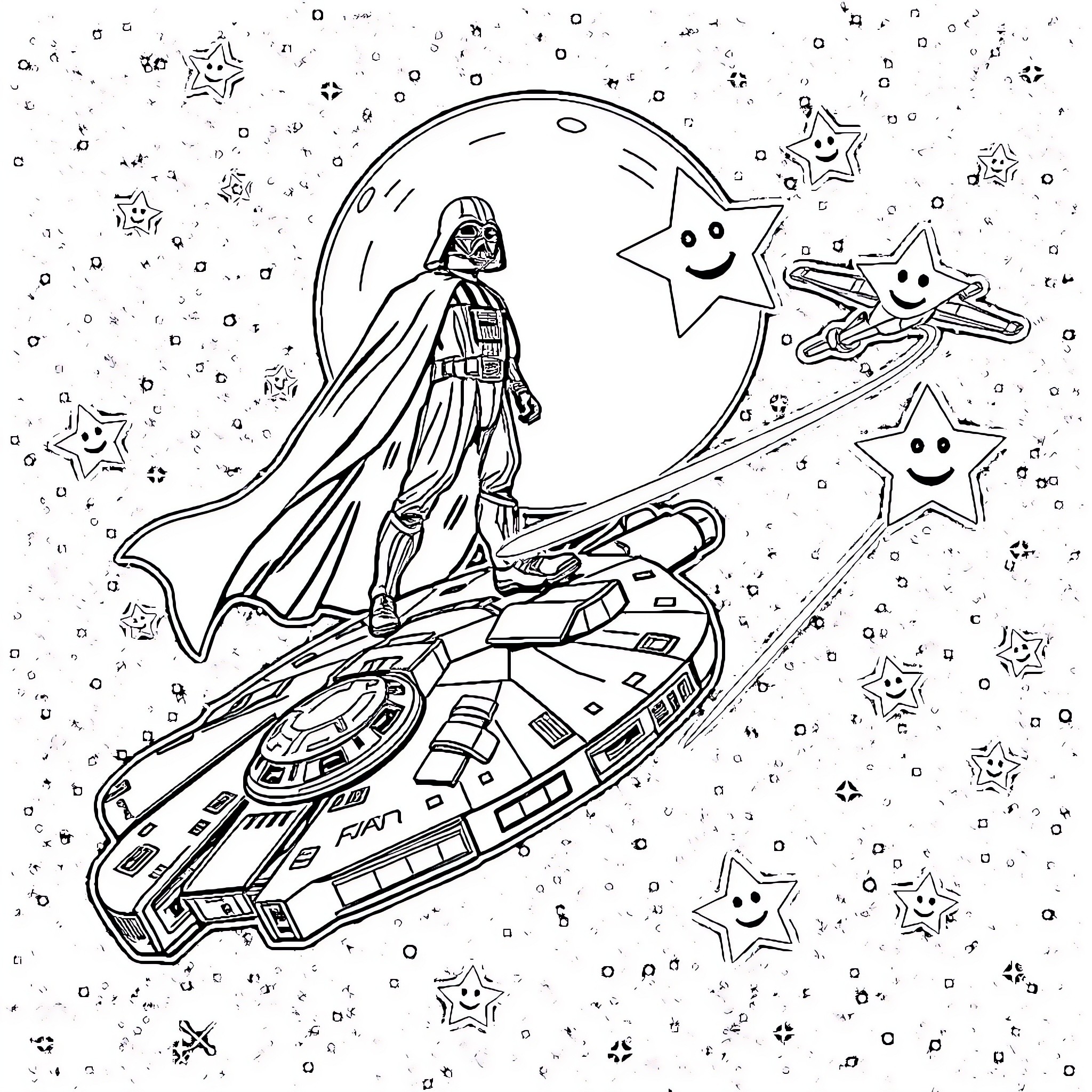 Darth Vader explores the cosmic wonders with his starship Coloring Page (free black-and-white line drawing printable PDF for all, from beginners to advanced learners, including children, teens, adults, and seniors)
