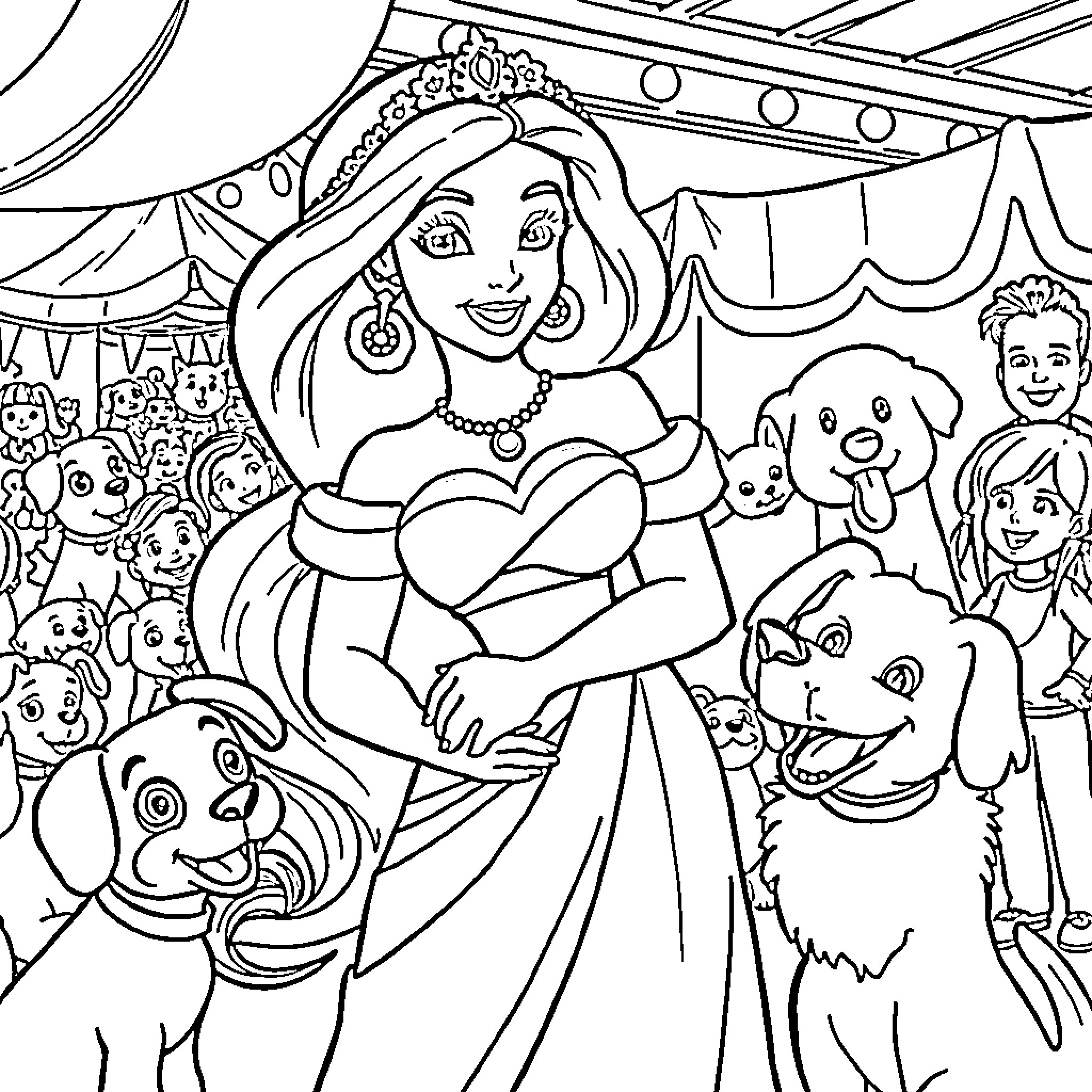Princess at a Joyous Celebration with Friends and Animals Coloring Page (free black-and-white line drawing printable PDF for all, from beginners to advanced learners, including children, teens, adults, and seniors)