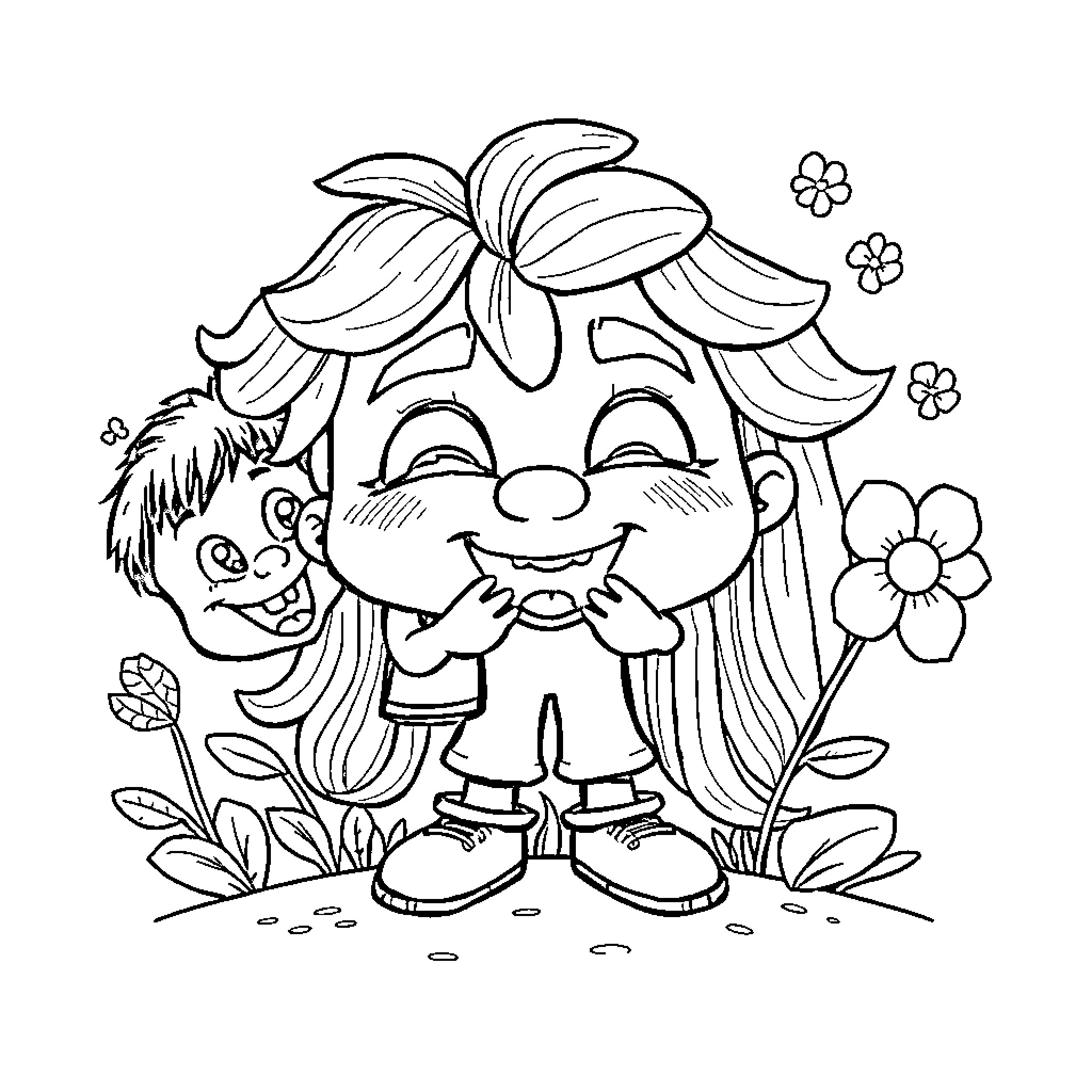 Emotion of Joyful Troll in Nature Coloring Page (free black-and-white line drawing printable PDF for all, from beginners to advanced learners, including children, teens, adults, and seniors)
