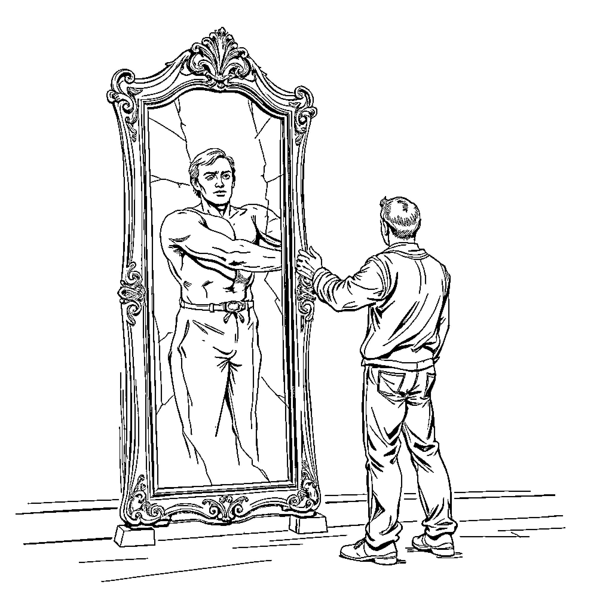 Man admiring his reflection in ornate mirror Coloring Page (free black-and-white line drawing printable PDF for all, from beginners to advanced learners, including children, teens, adults, and seniors)
