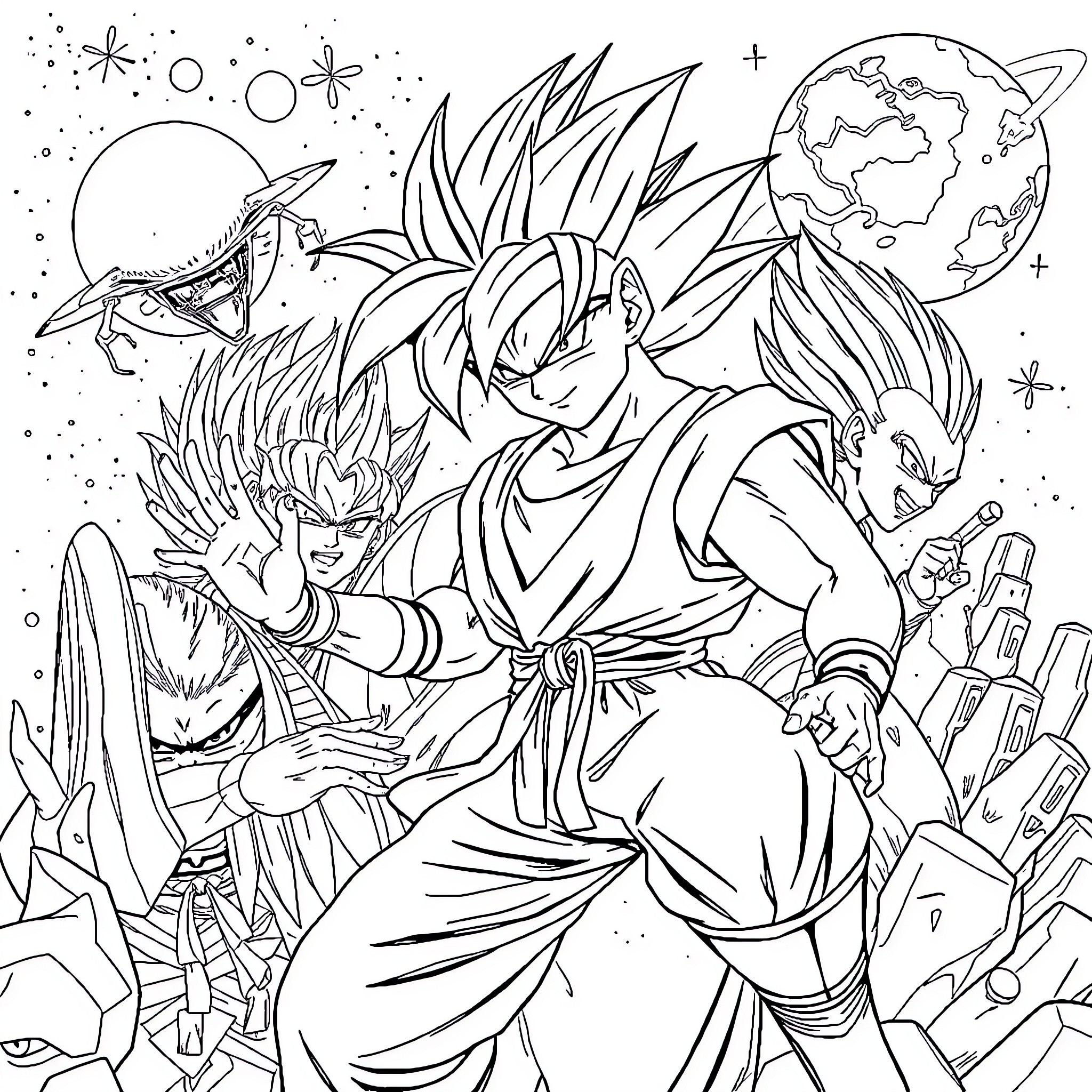 Dragon Ball Z: Powerful Fighters in Epic Cosmic Adventure Coloring Page (free black-and-white line drawing printable PDF for all, from beginners to advanced learners, including children, teens, adults, and seniors)