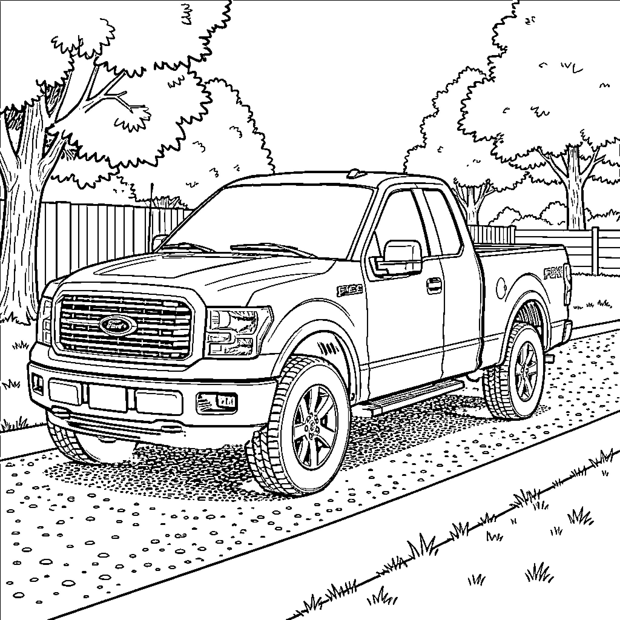 Ford F150 parked on a driveway near trees Coloring Page (free black-and-white line drawing printable PDF for all, from beginners to advanced learners, including children, teens, adults, and seniors)