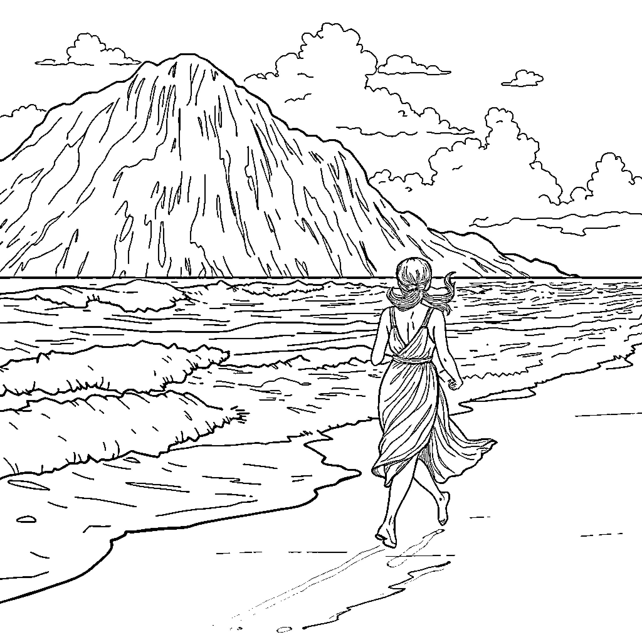 Pareja caminando por la playa junto a montañas Coloring Page (free black-and-white line drawing printable PDF for all, from beginners to advanced learners, including children, teens, adults, and seniors)