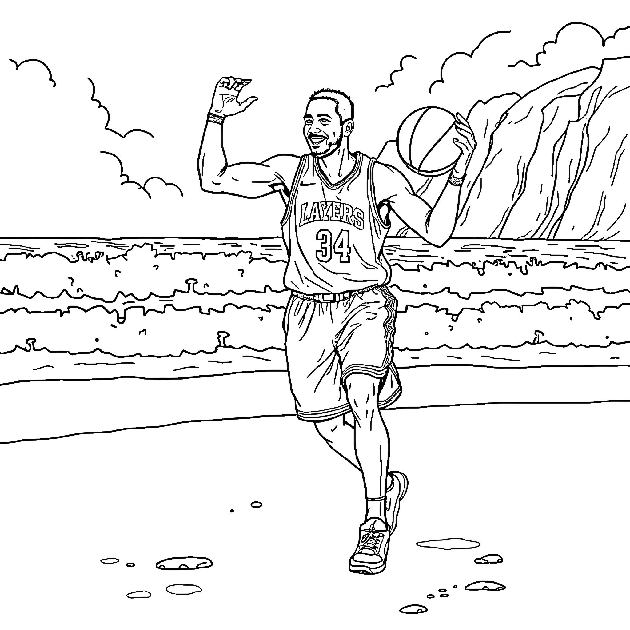 Basketball Player Celebrating Victory on the Court Coloring Page (free black-and-white line drawing printable PDF for all, from beginners to advanced learners, including children, teens, adults, and seniors)