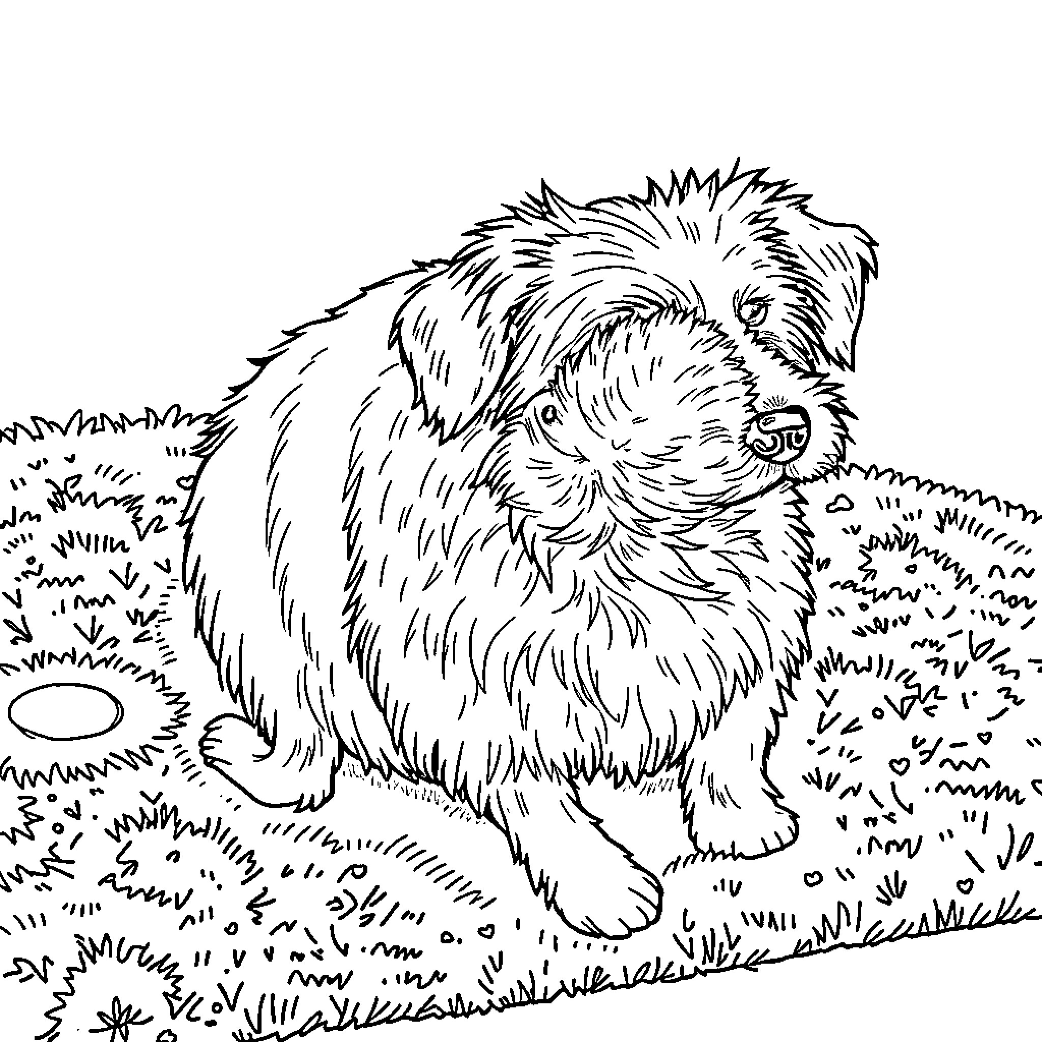 Dog resting peacefully in the grass Coloring Page (free black-and-white line drawing printable PDF for all, from beginners to advanced learners, including children, teens, adults, and seniors)