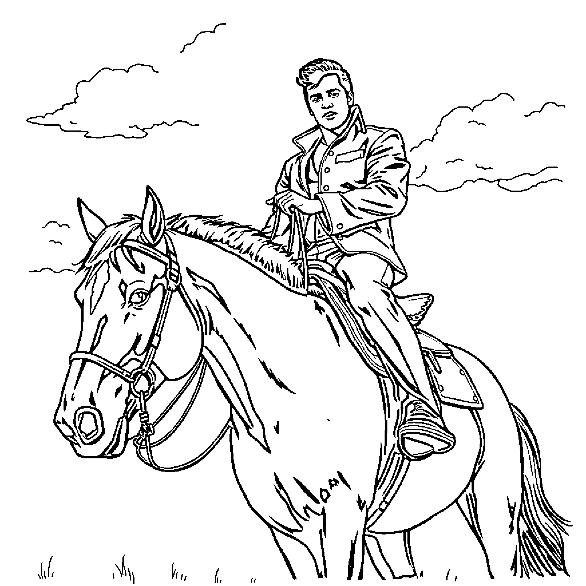 Elvis Riding a Horse in the Countryside Coloring Page (free black-and-white line drawing printable PDF for all, from beginners to advanced learners, including children, teens, adults, and seniors)