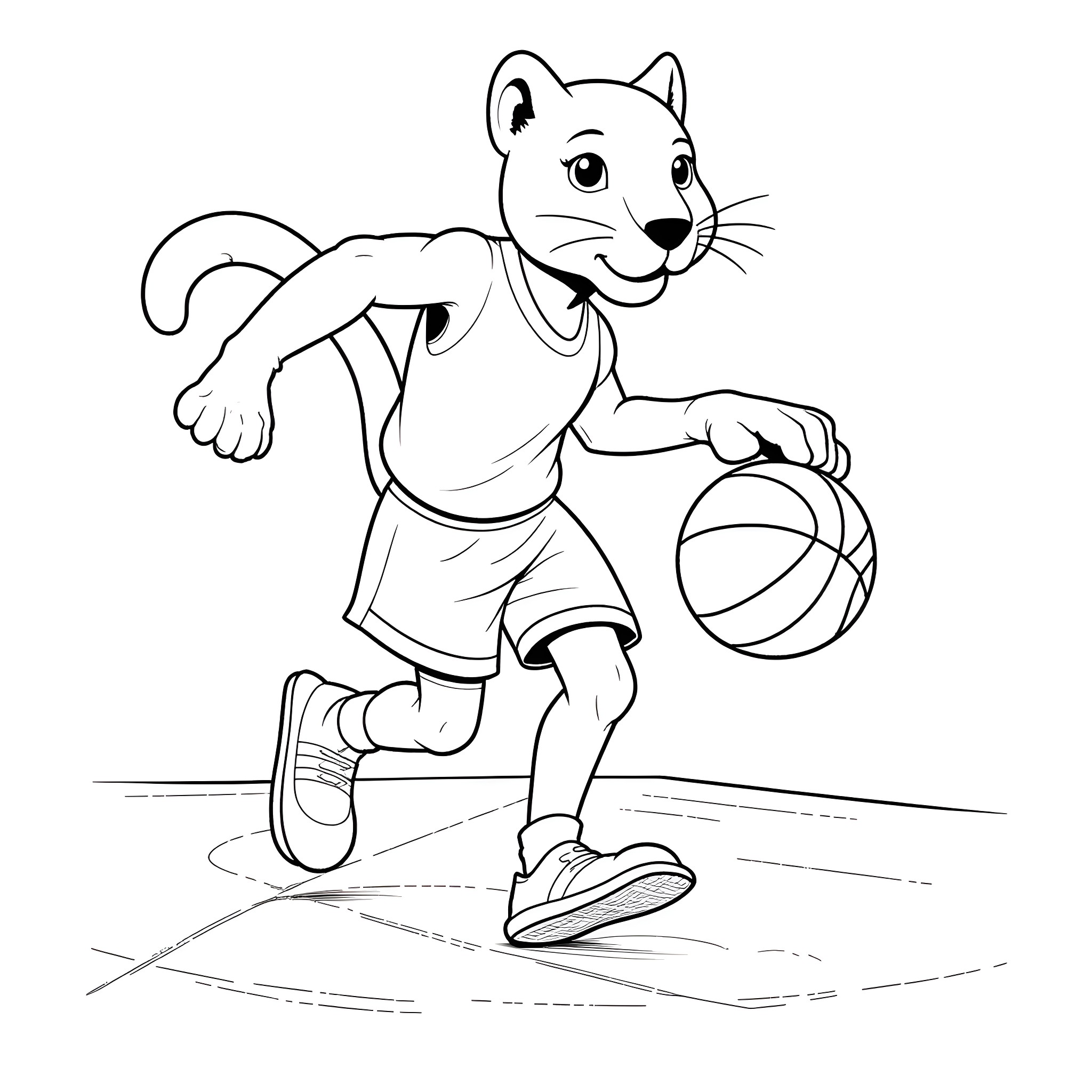Panther playing basketball on the court Coloring Page (free black-and-white line drawing printable PDF for all, from beginners to advanced learners, including children, teens, adults, and seniors)
