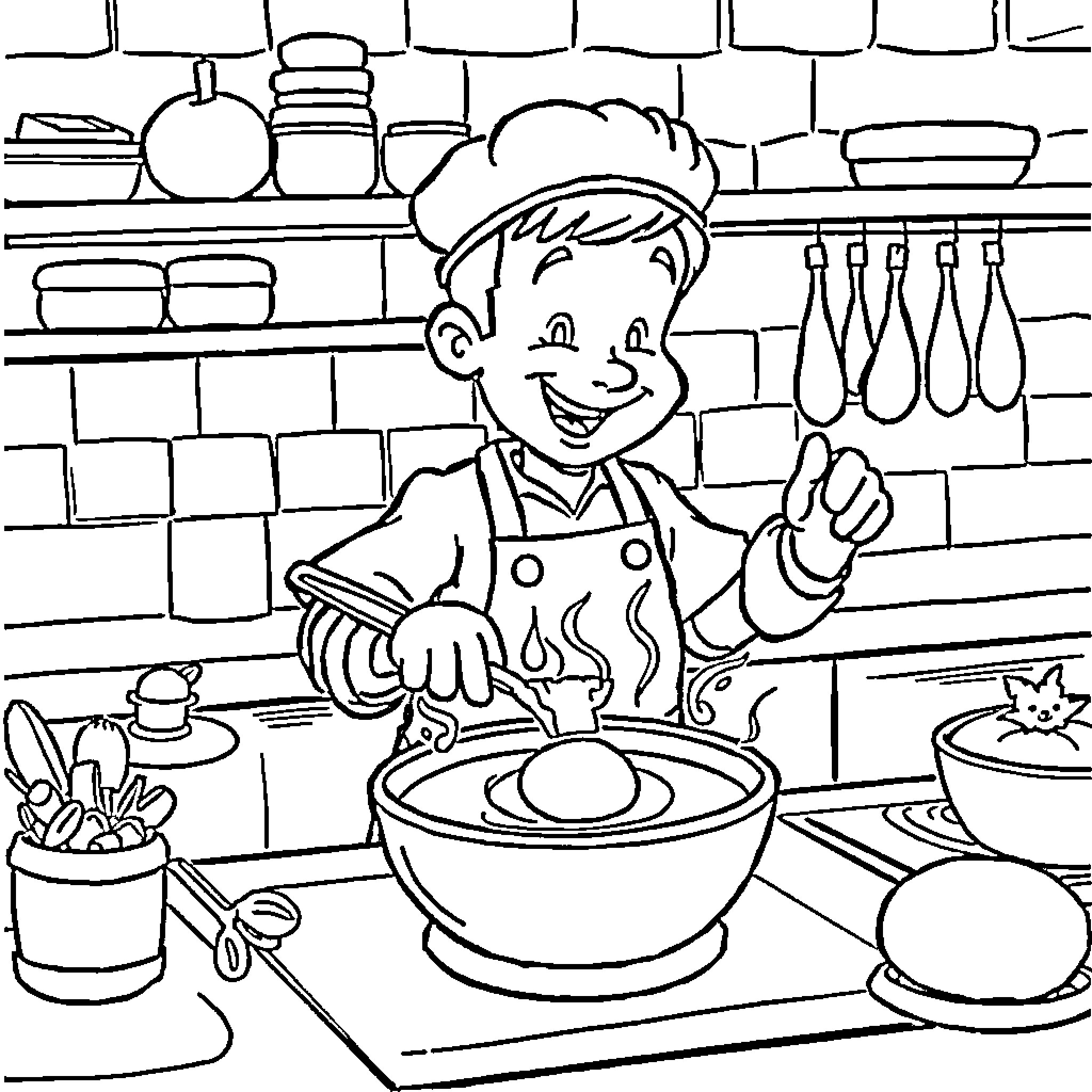 Aladdin's Culinary Adventures in the Kitchen Coloring Page (free black-and-white line drawing printable PDF for all, from beginners to advanced learners, including children, teens, adults, and seniors)
