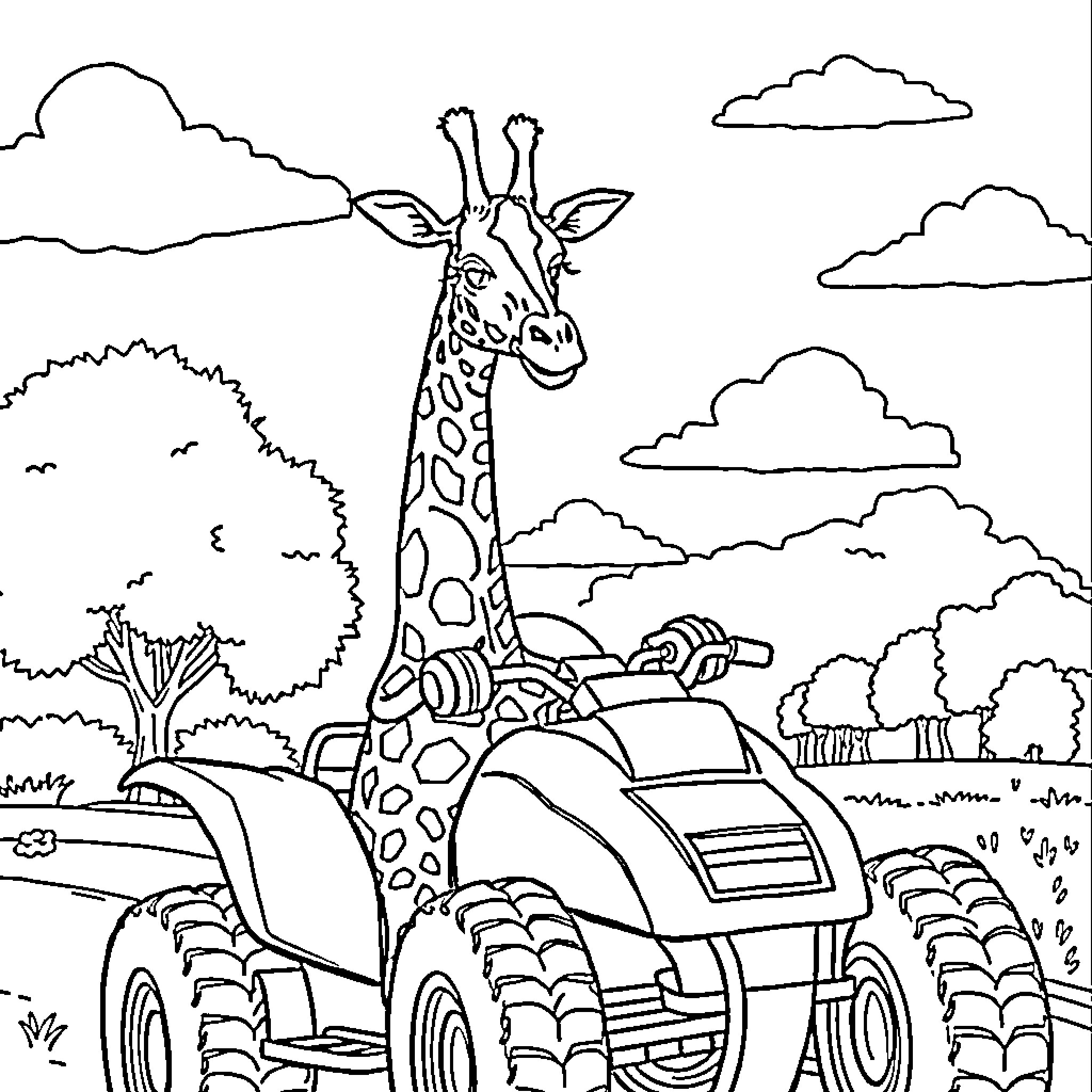 Giraffe enjoying a ride on a all-terrain vehicle Coloring Page (free black-and-white line drawing printable PDF for all, from beginners to advanced learners, including children, teens, adults, and seniors)