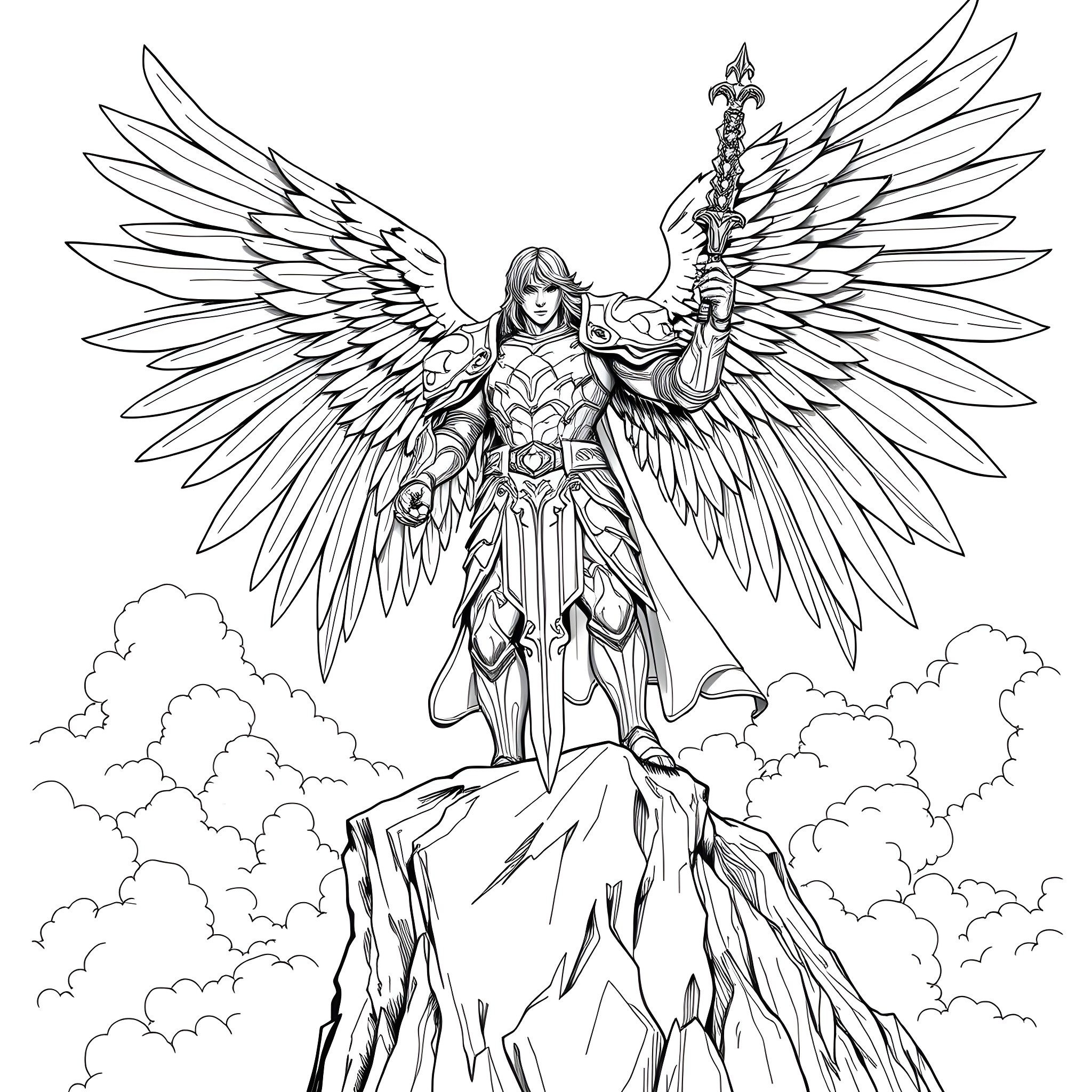 Angel warrior with grand wings standing on mountain peak Coloring Page (free black-and-white line drawing printable PDF for all, from beginners to advanced learners, including children, teens, adults, and seniors)