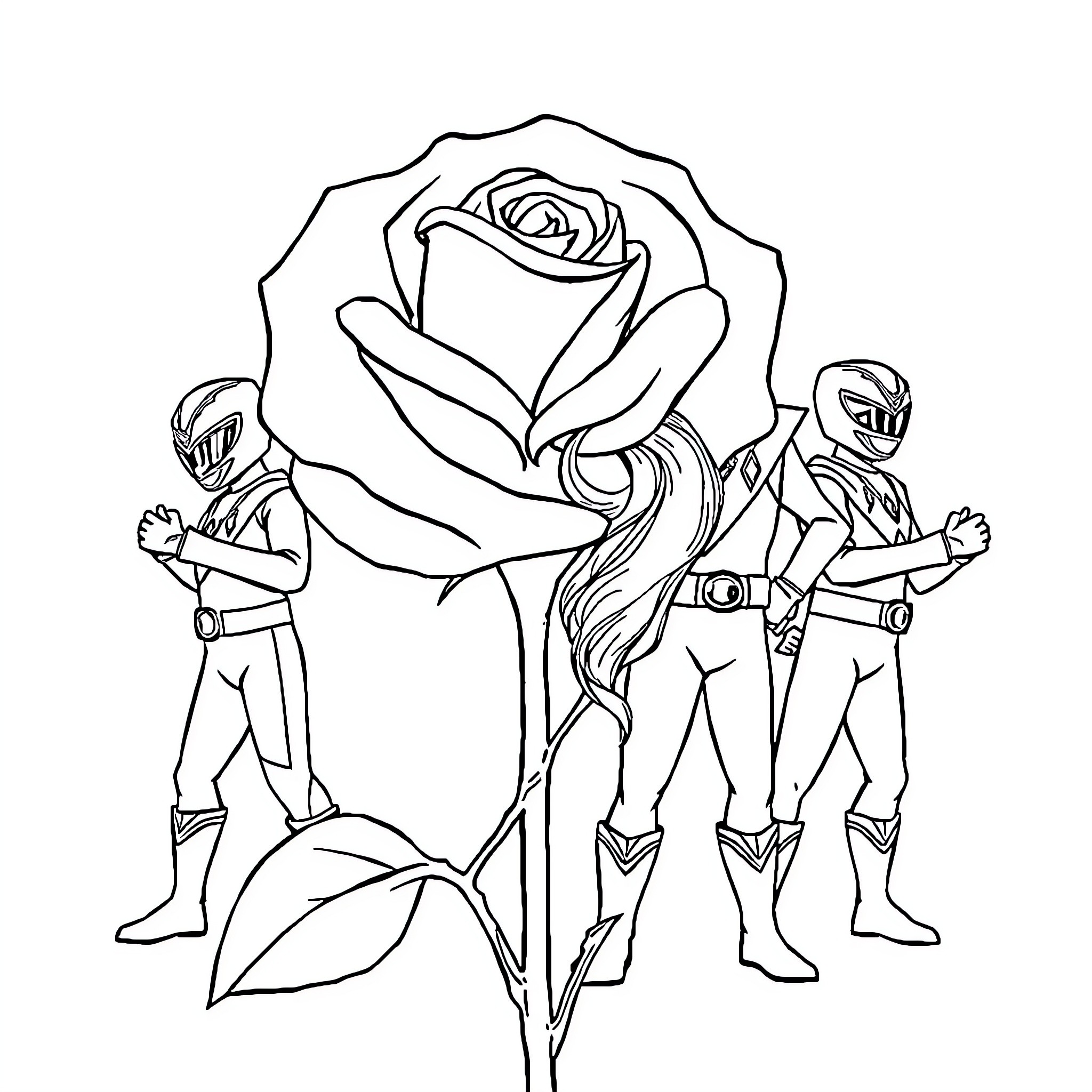 Rose Superheroes Protect Flower Coloring Page (free black-and-white line drawing printable PDF for all, from beginners to advanced learners, including children, teens, adults, and seniors)
