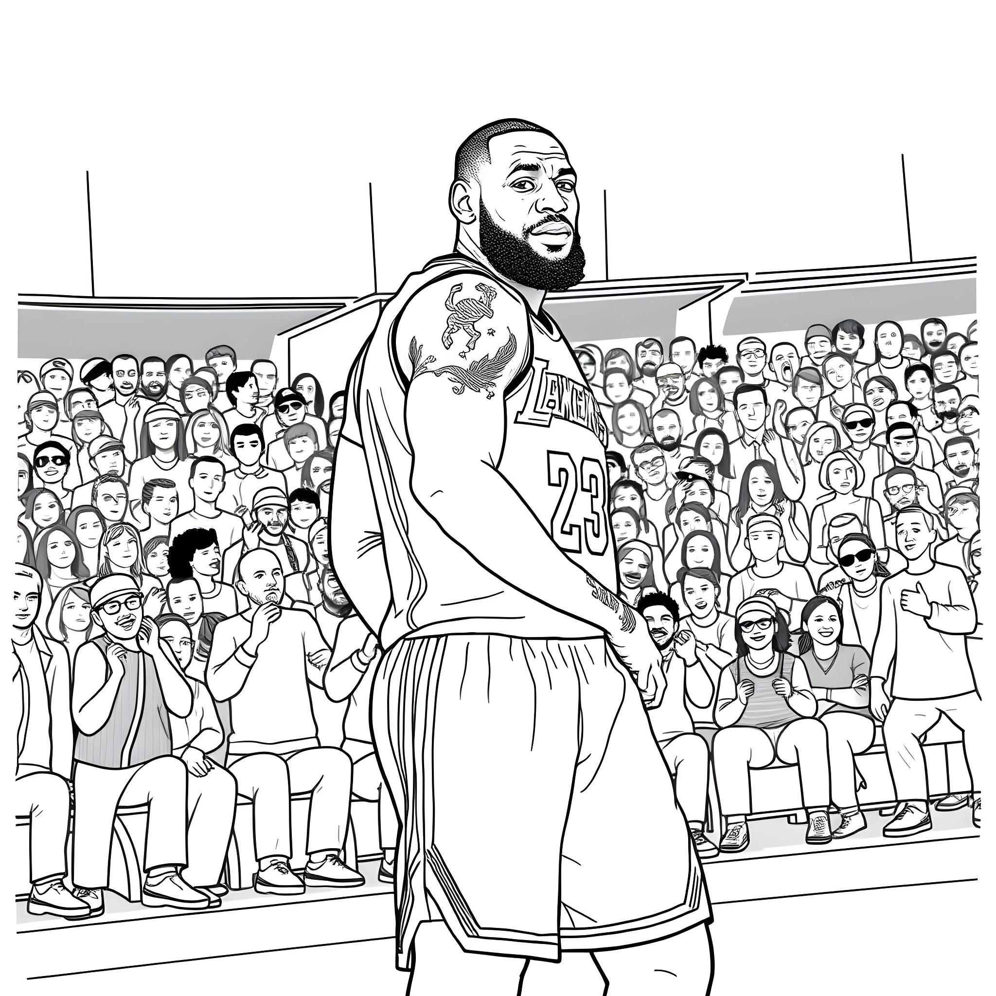 LeBron James leading a basketball team on the court Coloring Page (free black-and-white line drawing printable PDF for all, from beginners to advanced learners, including children, teens, adults, and seniors)