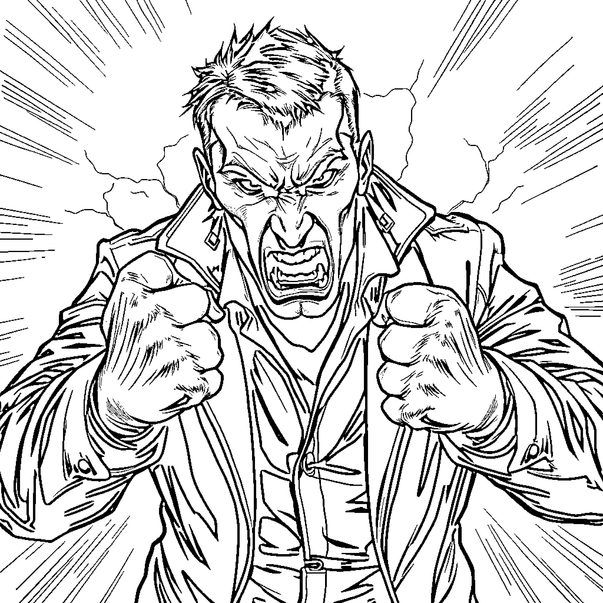 Hitman displays intense, determined expression in combat stance Coloring Page (free black-and-white line drawing printable PDF for all, from beginners to advanced learners, including children, teens, adults, and seniors)