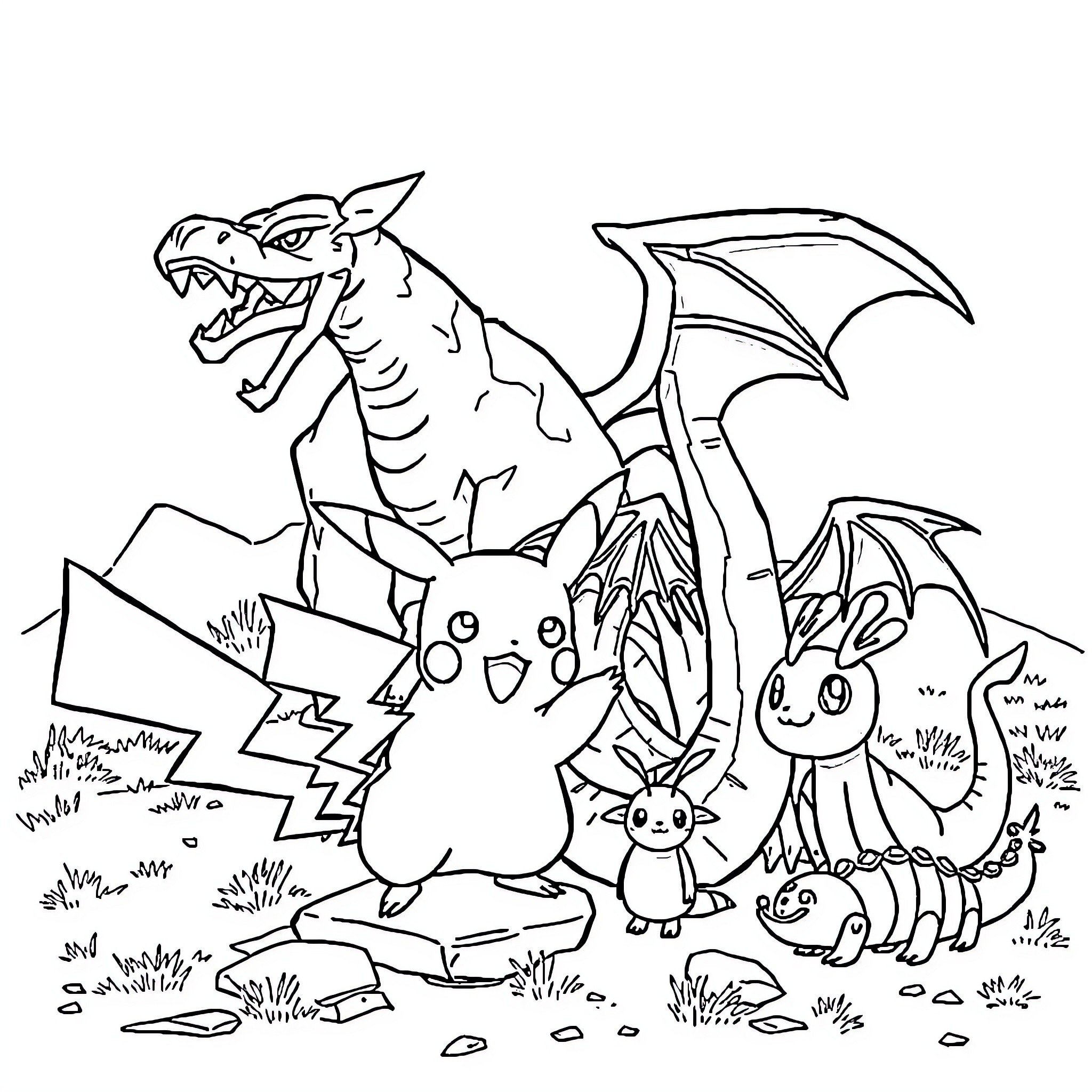 Pikachu and Mischievous Pokémon Friends in Outdoor Adventure Coloring Page (free black-and-white line drawing printable PDF for all, from beginners to advanced learners, including children, teens, adults, and seniors)