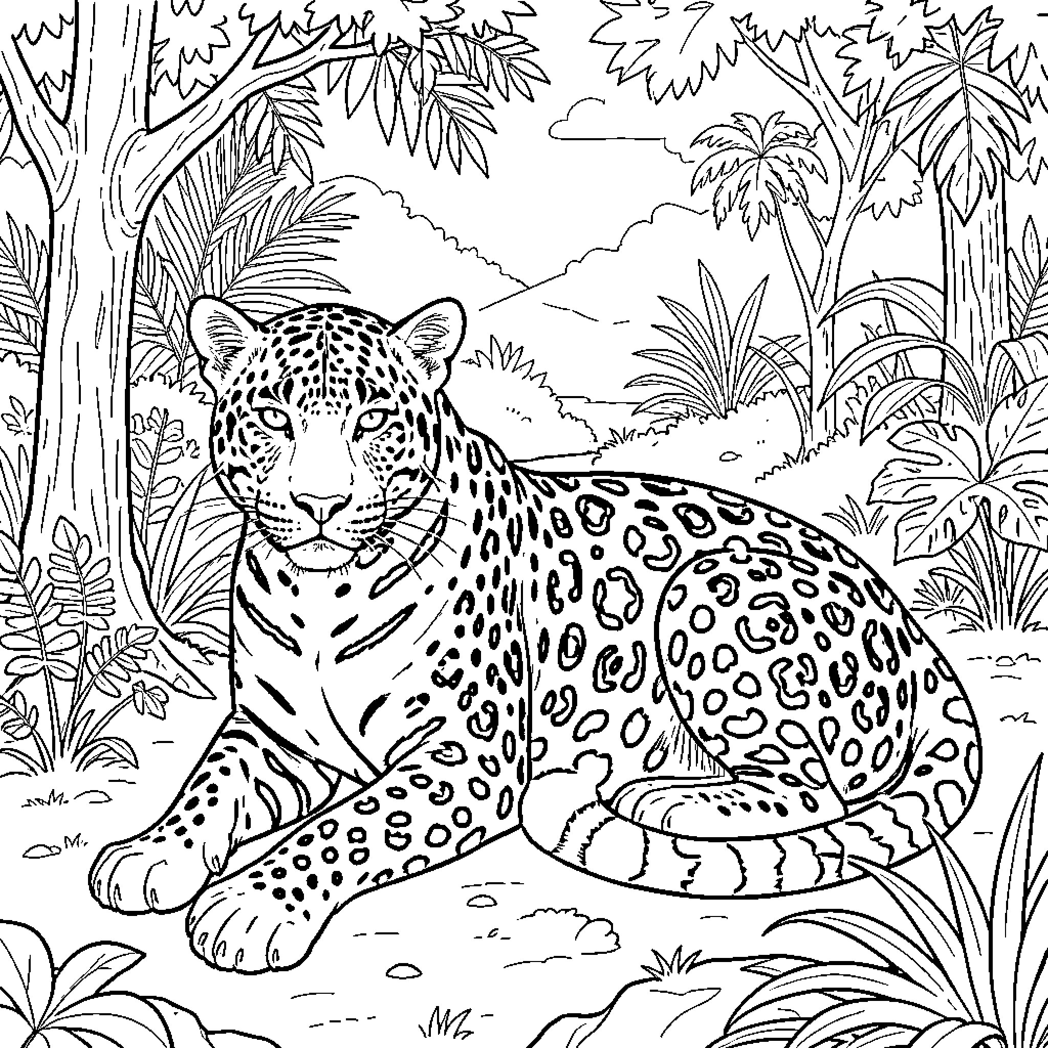 Jaguar resting calmly in a lush jungle setting Coloring Page (free black-and-white line drawing printable PDF for all, from beginners to advanced learners, including children, teens, adults, and seniors)