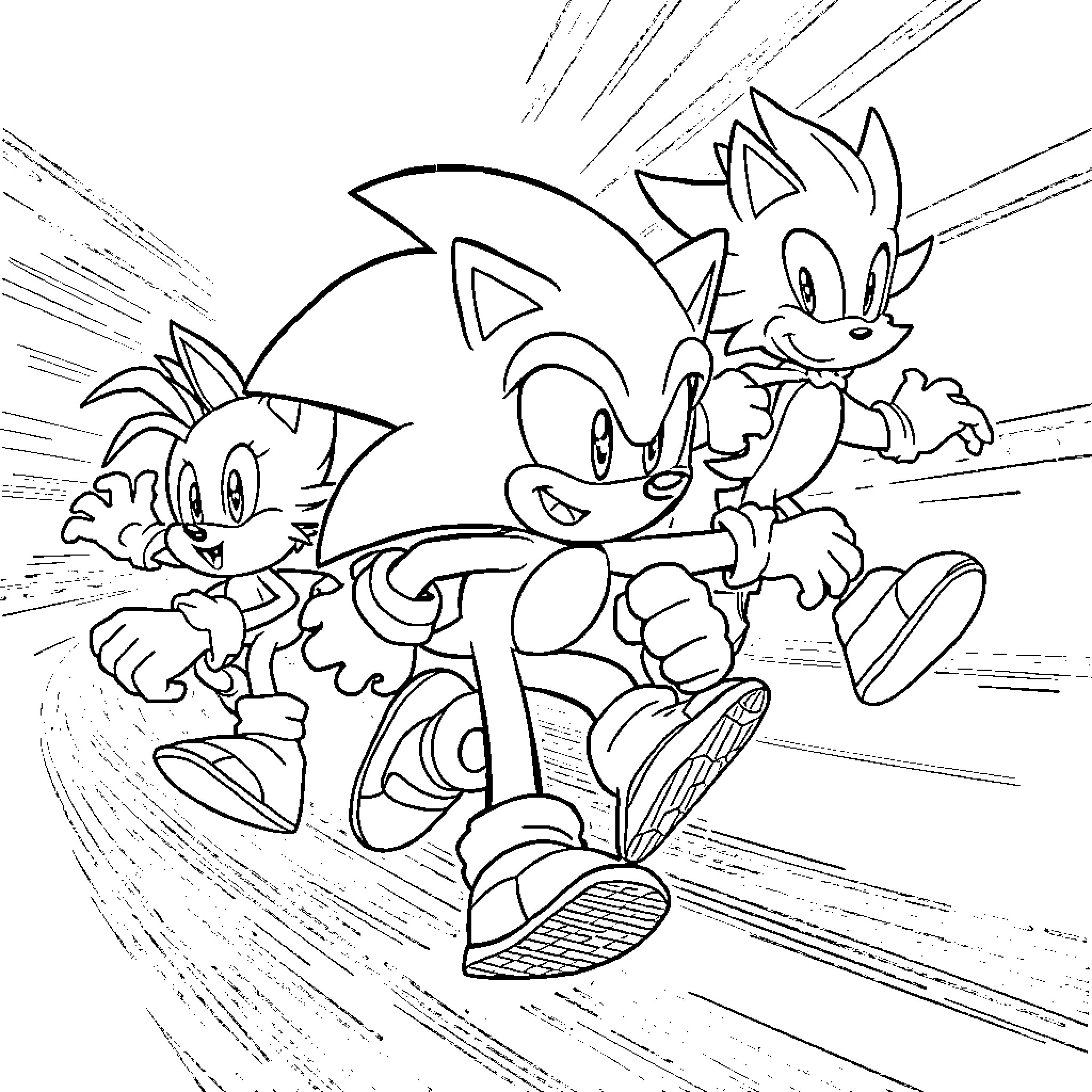 Sonic and Friends in Energetic Action Coloring Page (free black-and-white line drawing printable PDF for all, from beginners to advanced learners, including children, teens, adults, and seniors)