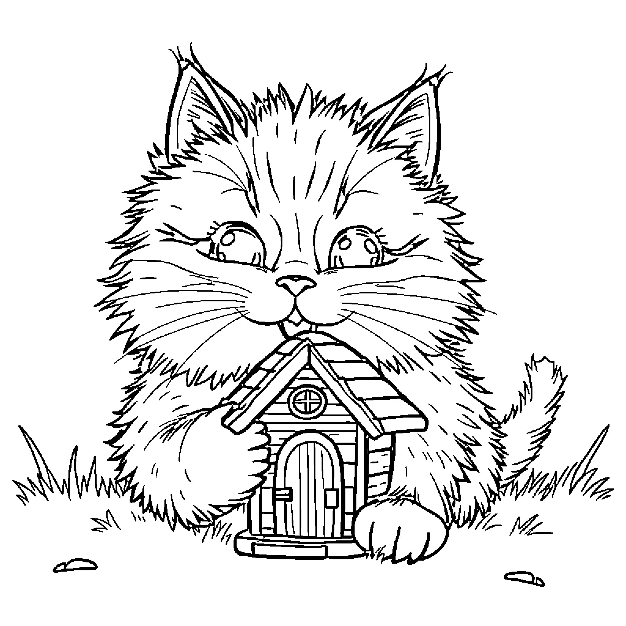 Cat exploring a cozy birdhouse in the meadow Coloring Page (free black-and-white line drawing printable PDF for all, from beginners to advanced learners, including children, teens, adults, and seniors)