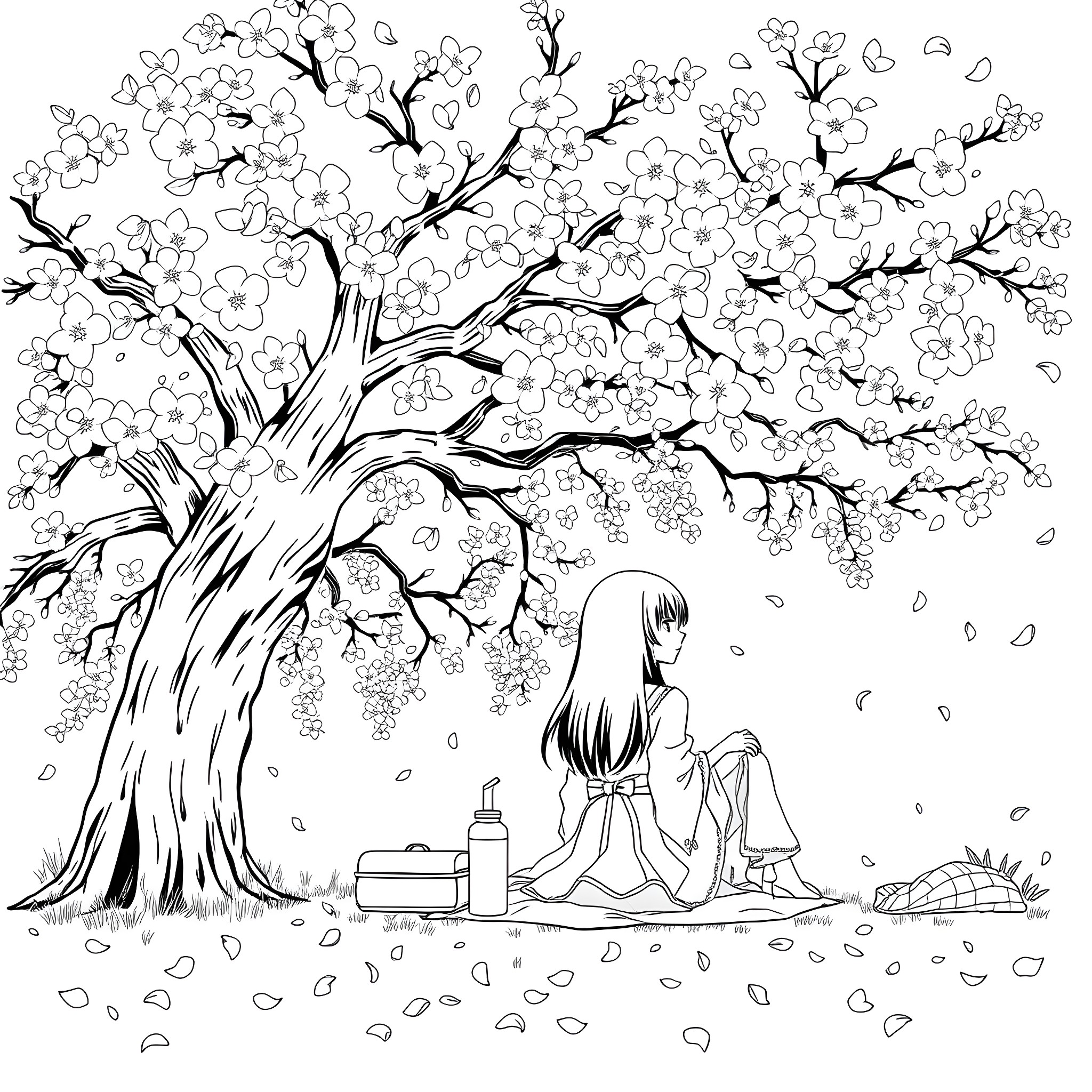 Kuchiki Byakuya enjoying a peaceful moment under the blossoming trees Coloring Page (free black-and-white line drawing printable PDF for all, from beginners to advanced learners, including children, teens, adults, and seniors)