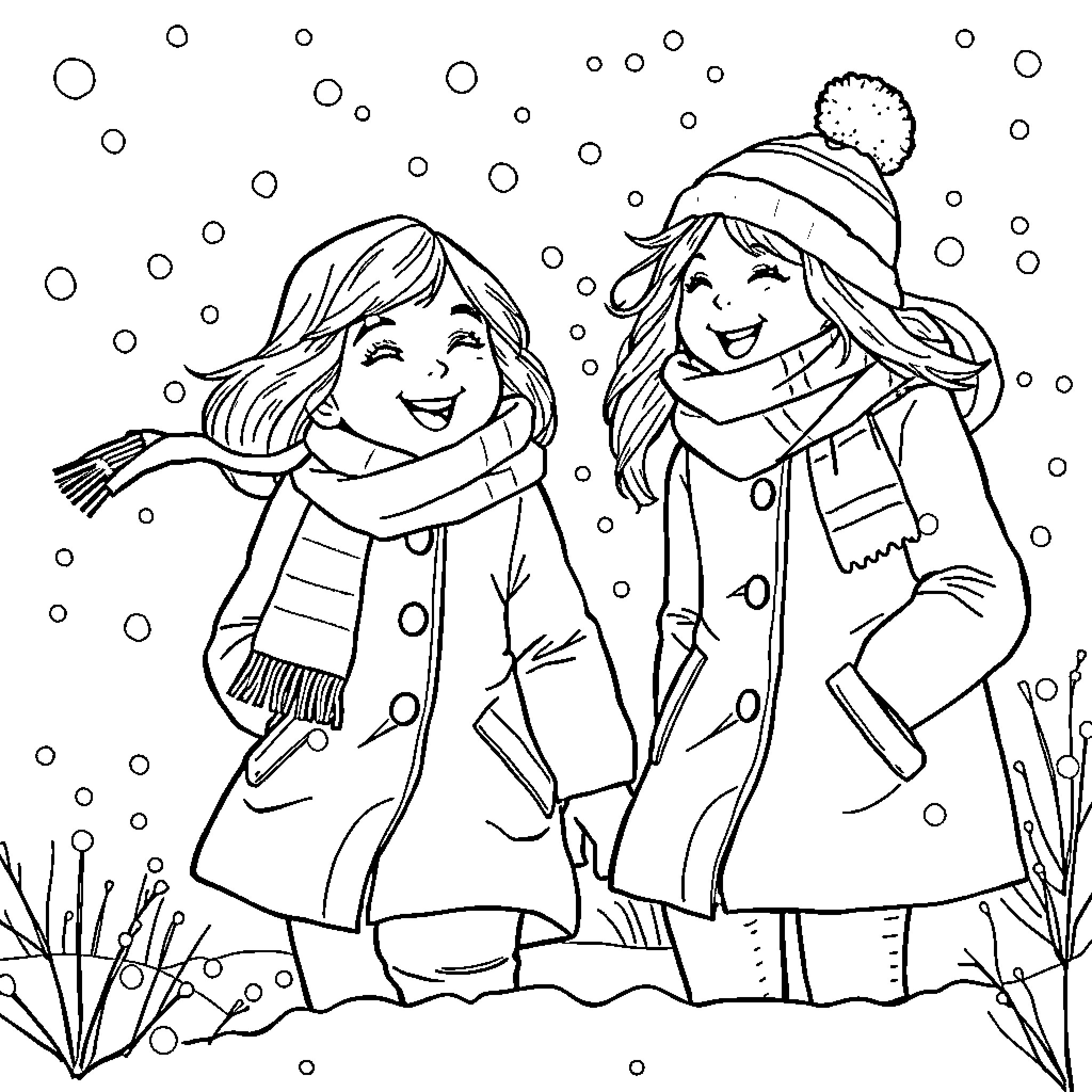 Mary Kate and friend enjoying the winter snow Coloring Page (free black-and-white line drawing printable PDF for all, from beginners to advanced learners, including children, teens, adults, and seniors)