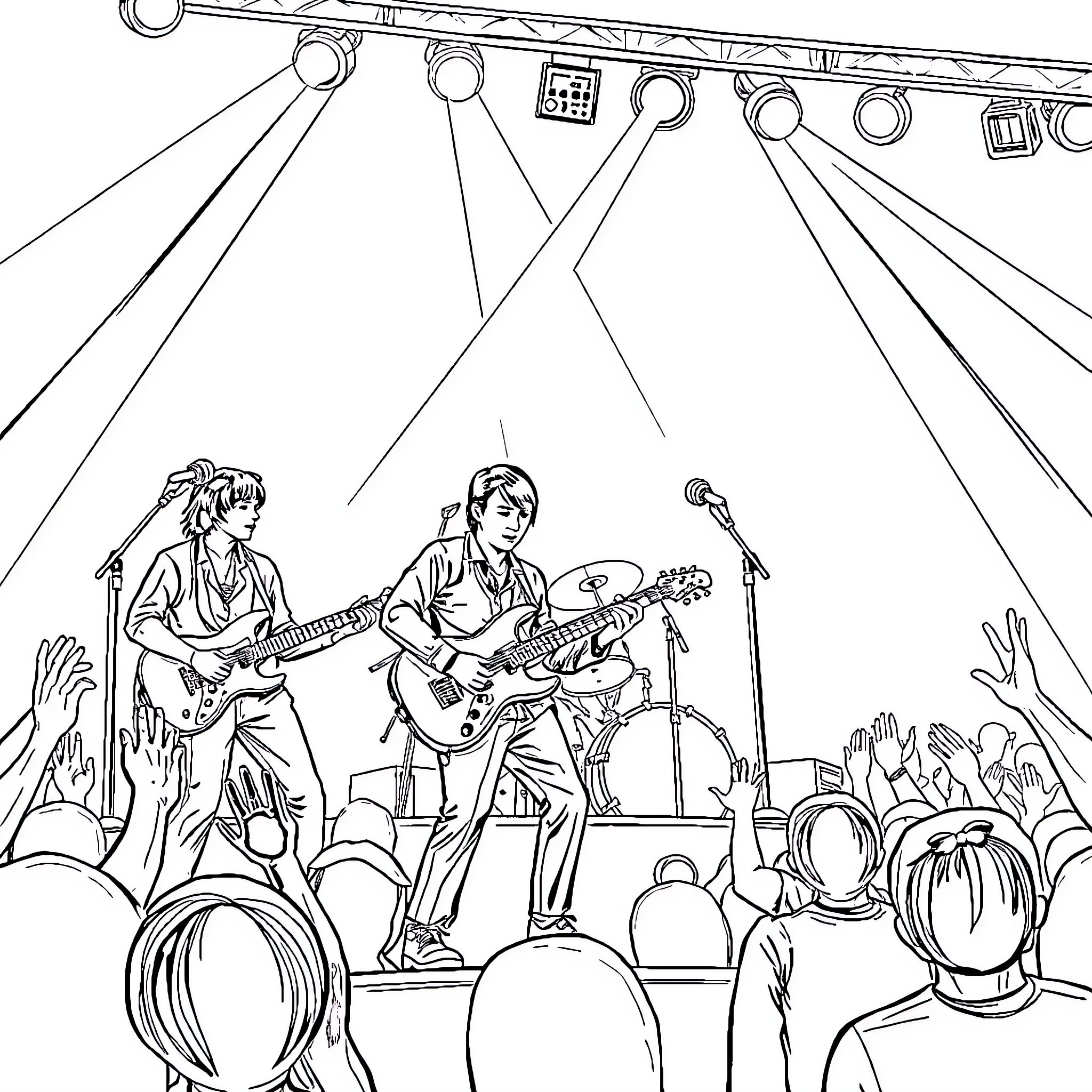 Mercredi - Musicians performing on stage for cheering crowd Coloring Page (free black-and-white line drawing printable PDF for all, from beginners to advanced learners, including children, teens, adults, and seniors)