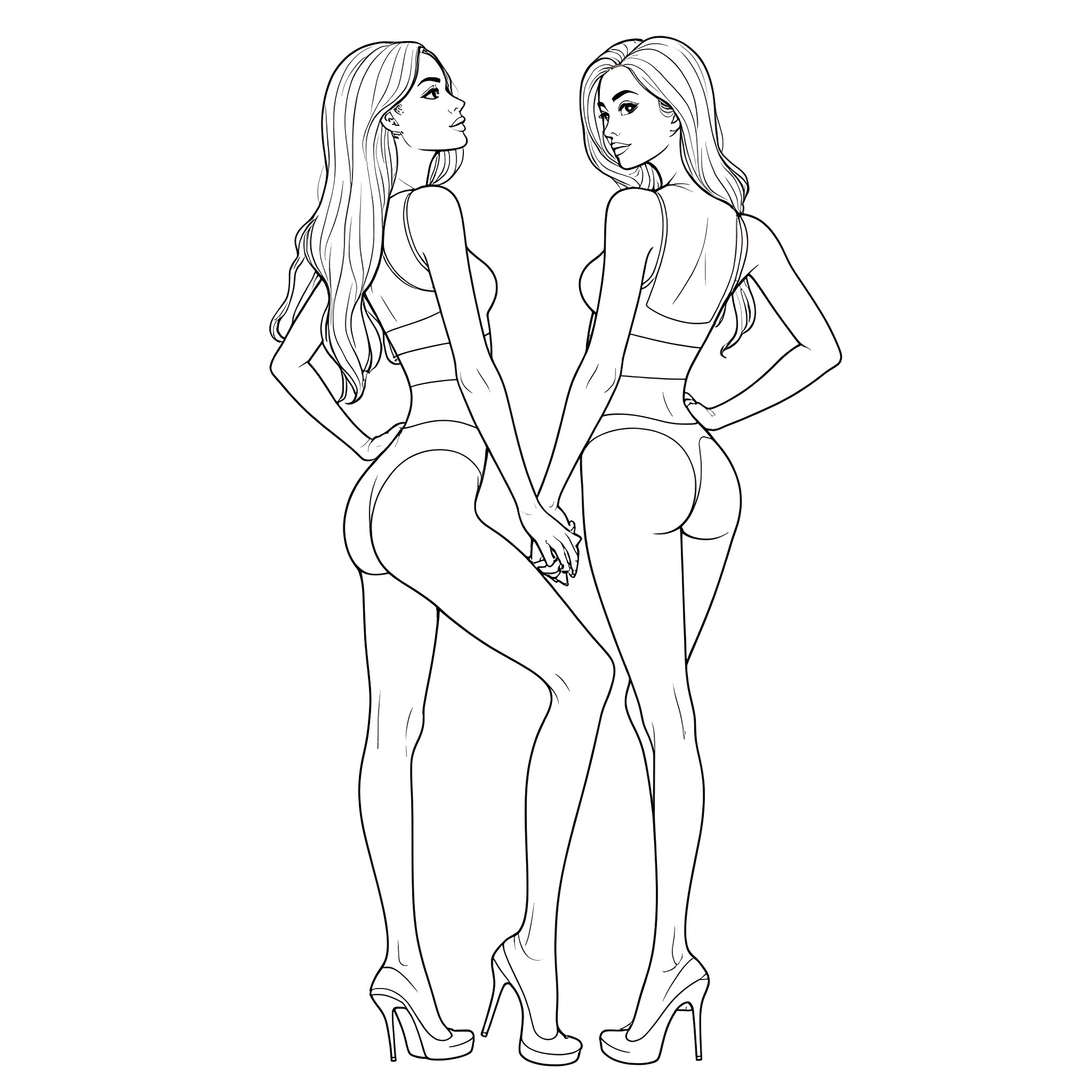Female models posing together in stylish outfits Coloring Page (free black-and-white line drawing printable PDF for all, from beginners to advanced learners, including children, teens, adults, and seniors)