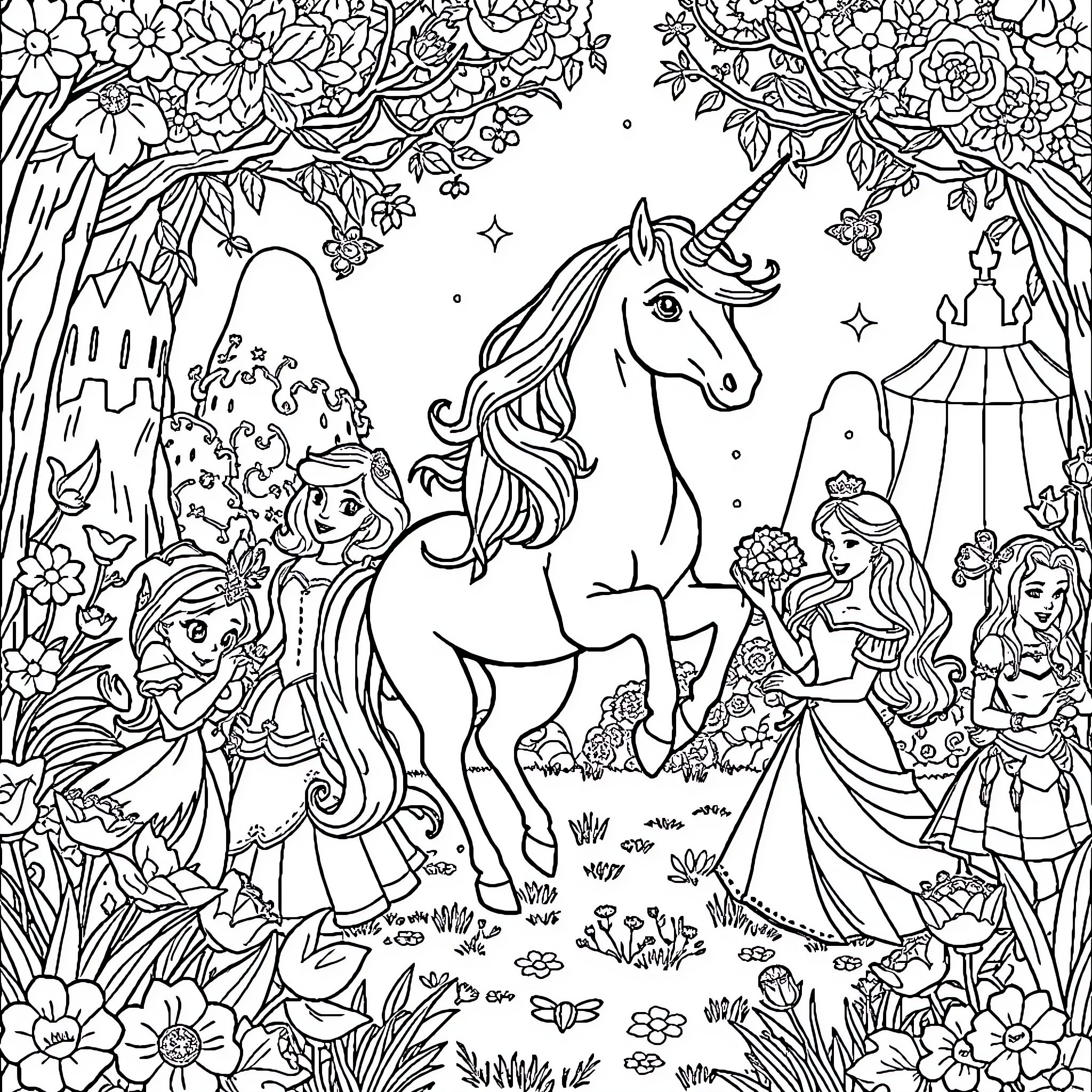 Unicorn and Princesses in a Magical Forest Coloring Page (free black-and-white line drawing printable PDF for all, from beginners to advanced learners, including children, teens, adults, and seniors)