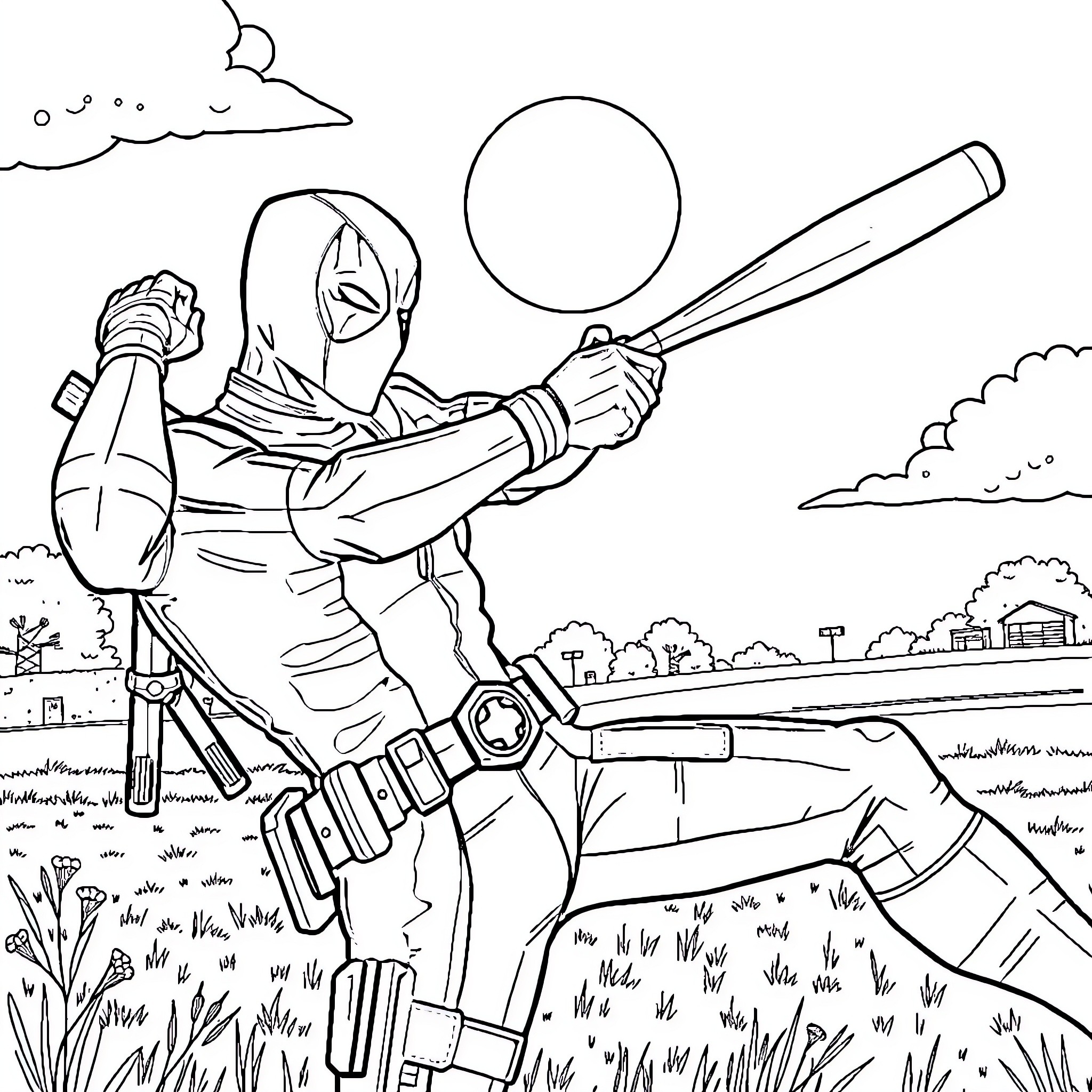 Deadpool in action pose with baseball bat Coloring Page (free black-and-white line drawing printable PDF for all, from beginners to advanced learners, including children, teens, adults, and seniors)