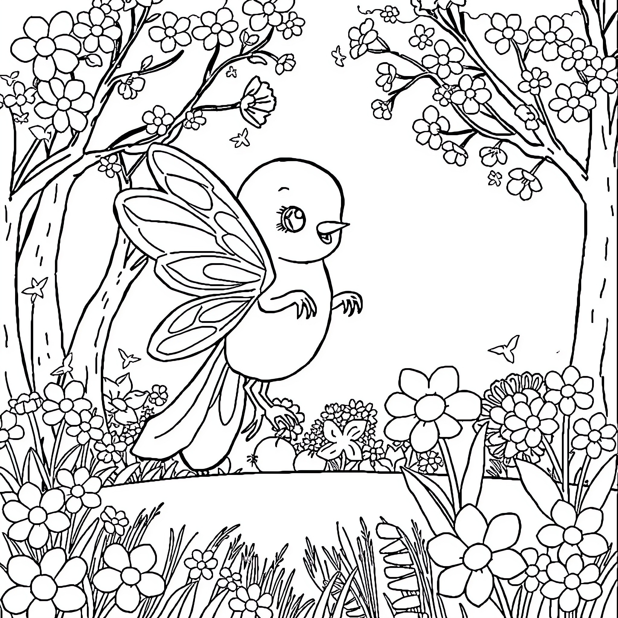 Clochette flying amidst blooming flowers Coloring Page (free black-and-white line drawing printable PDF for all, from beginners to advanced learners, including children, teens, adults, and seniors)