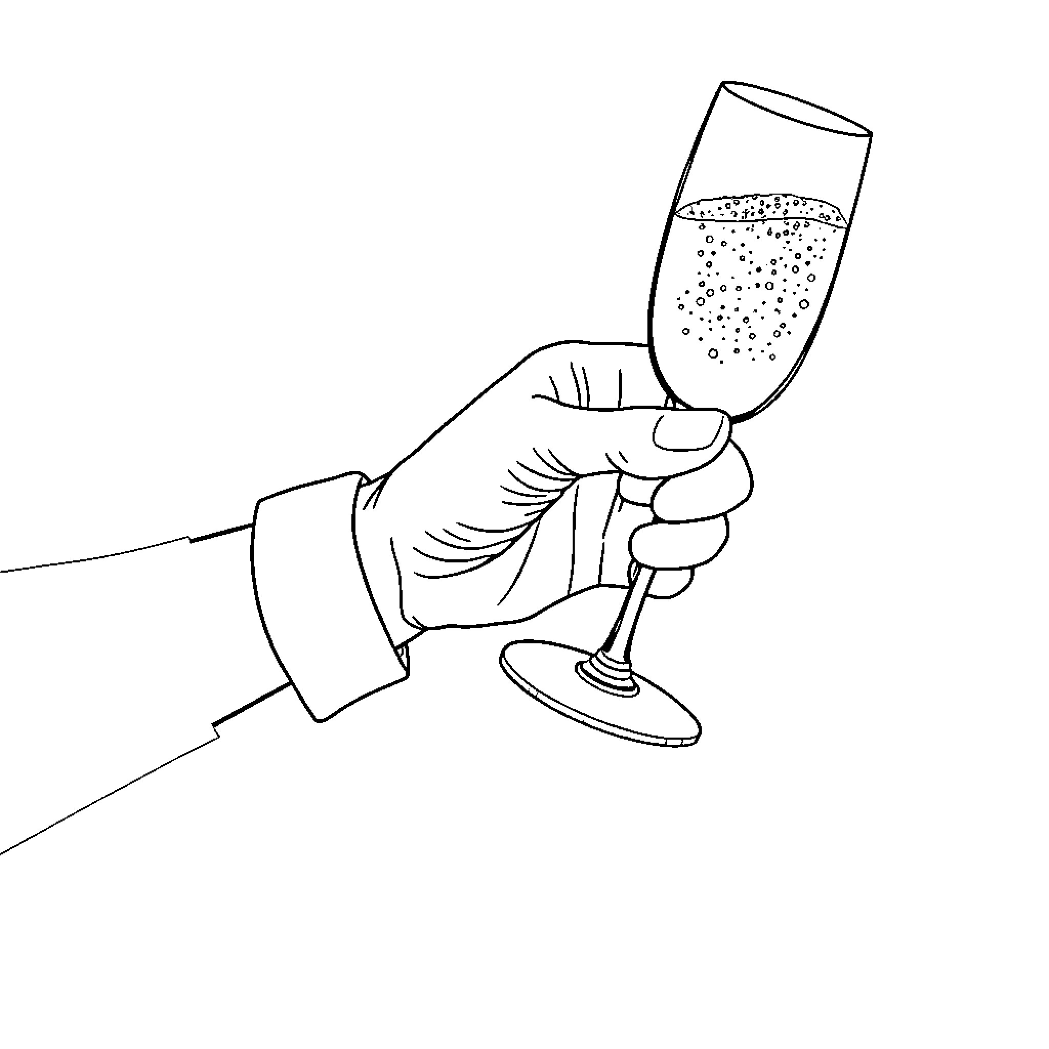 Hand holding sparkling champagne glass Coloring Page (free black-and-white line drawing printable PDF for all, from beginners to advanced learners, including children, teens, adults, and seniors)