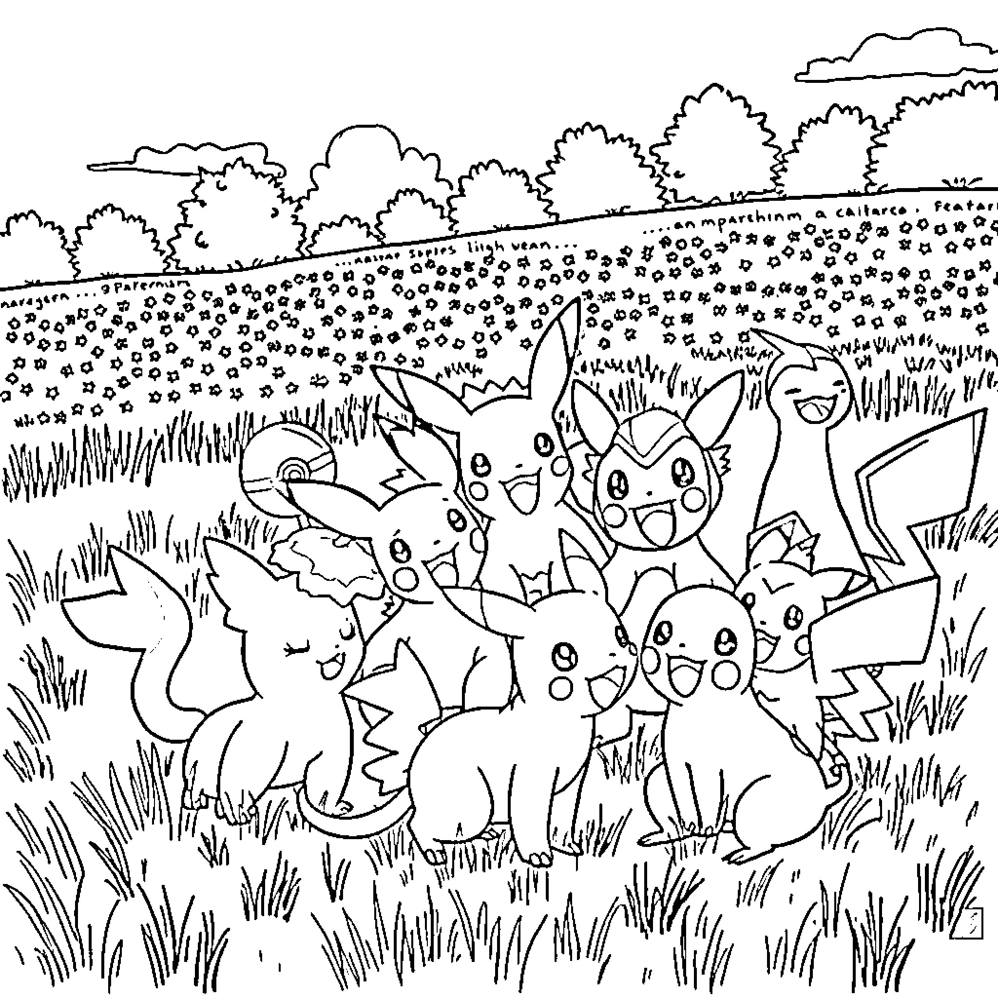Pokémon gathering in a grassy meadow Coloring Page (free black-and-white line drawing printable PDF for all, from beginners to advanced learners, including children, teens, adults, and seniors)