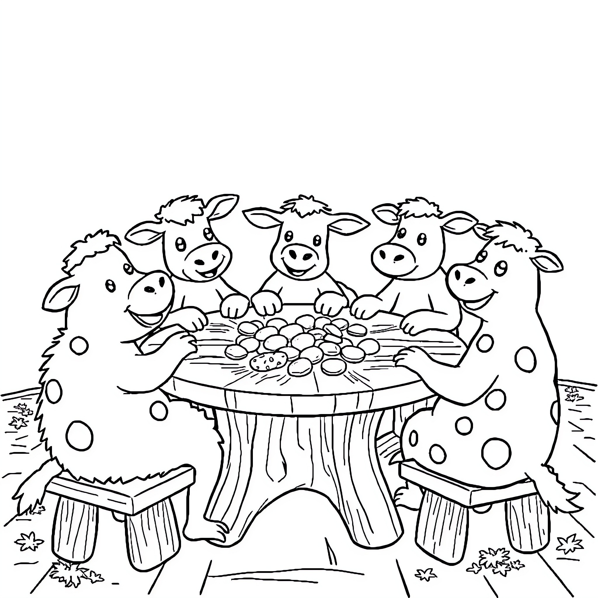 Farm Animals Enjoying a Picnic Gathering Coloring Page (free black-and-white line drawing printable PDF for all, from beginners to advanced learners, including children, teens, adults, and seniors)