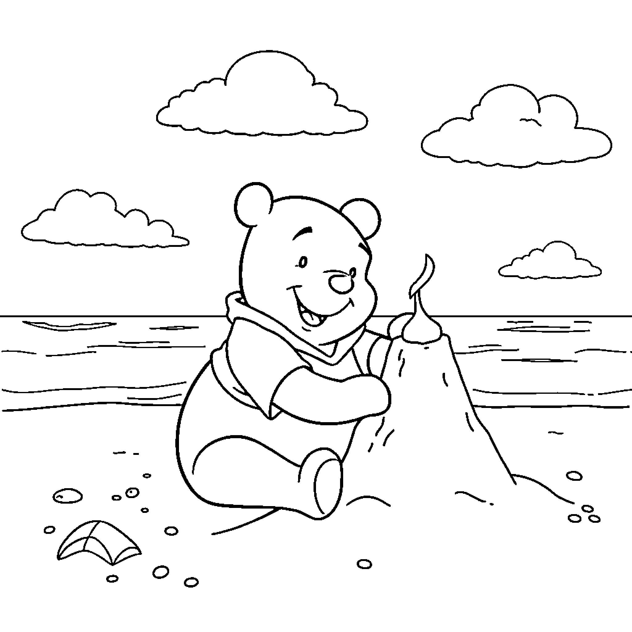 Winnie The Pooh enjoying a day at the beach Coloring Page (free black-and-white line drawing printable PDF for all, from beginners to advanced learners, including children, teens, adults, and seniors)