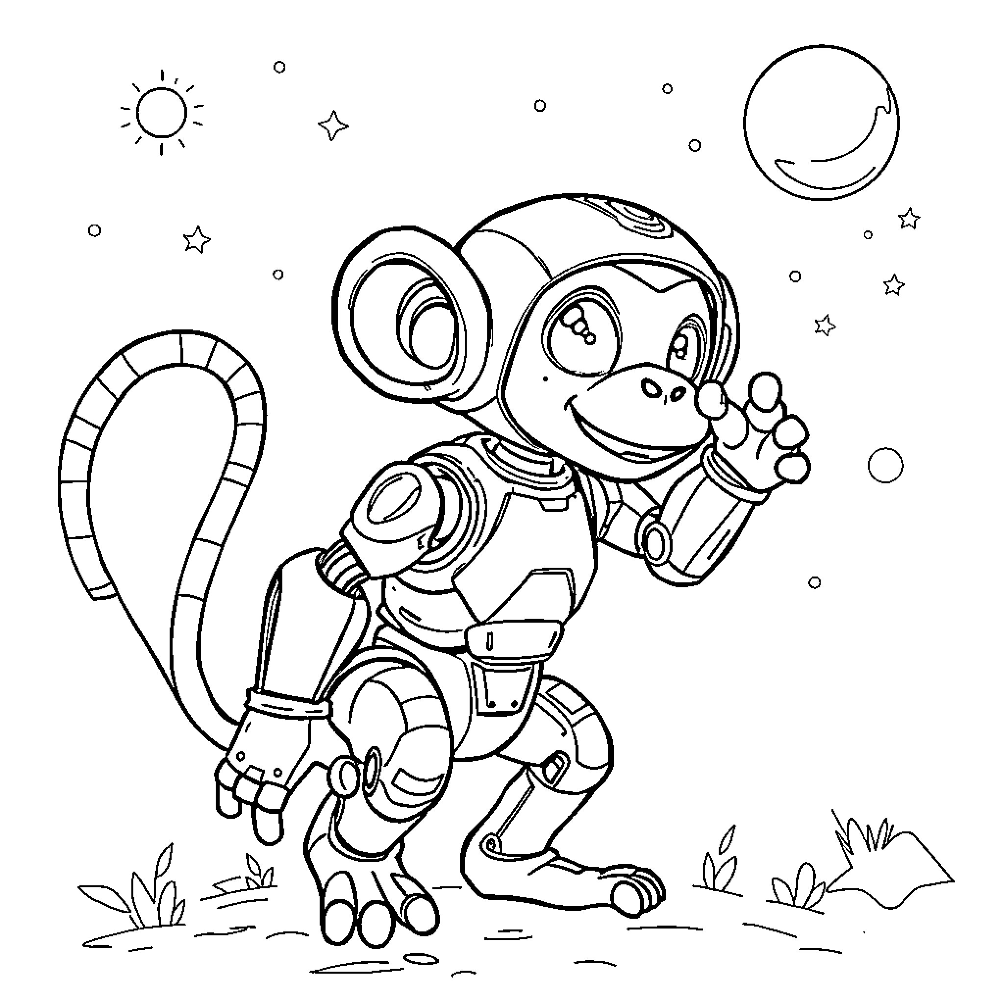Monkey astronaut exploring the galaxy Coloring Page (free black-and-white line drawing printable PDF for all, from beginners to advanced learners, including children, teens, adults, and seniors)